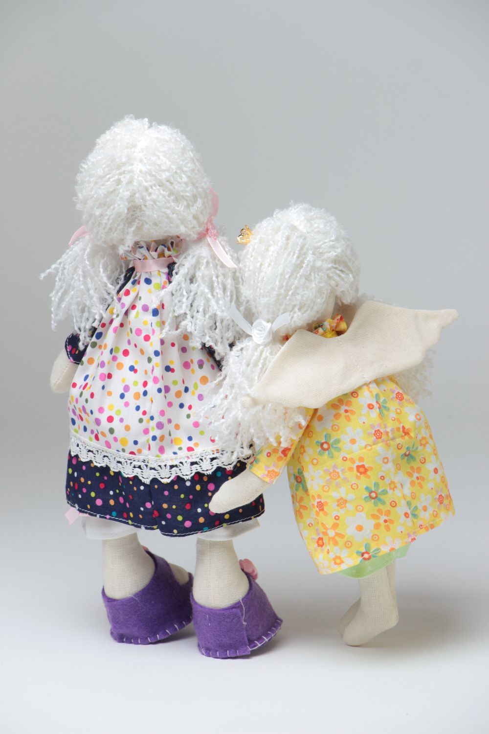 Set of 2 handmade designer fabric soft dolls in yellow and violet dresses photo 4