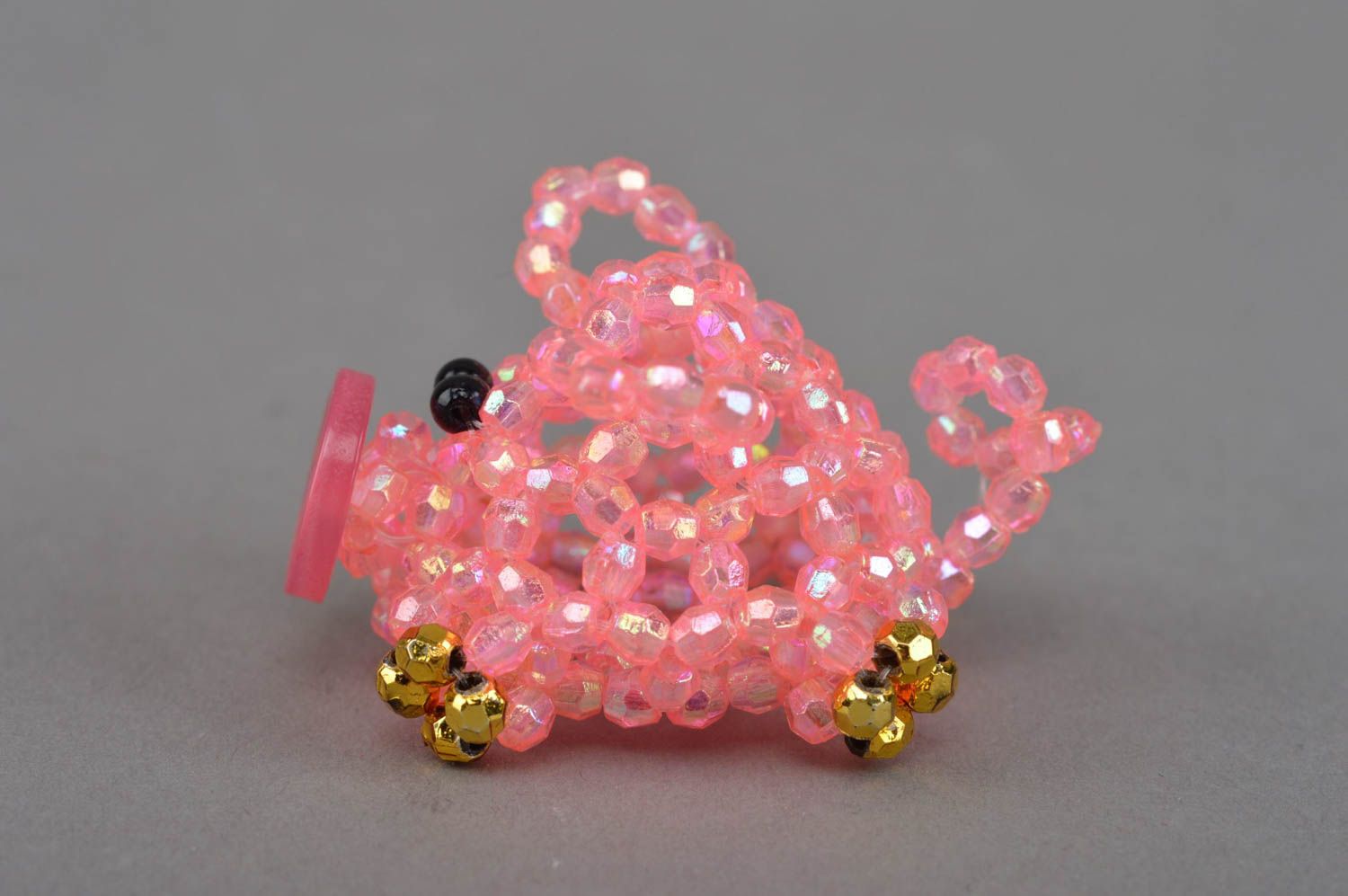 Small unusual handmade woven bead statuette of pink pig designer home decor photo 2