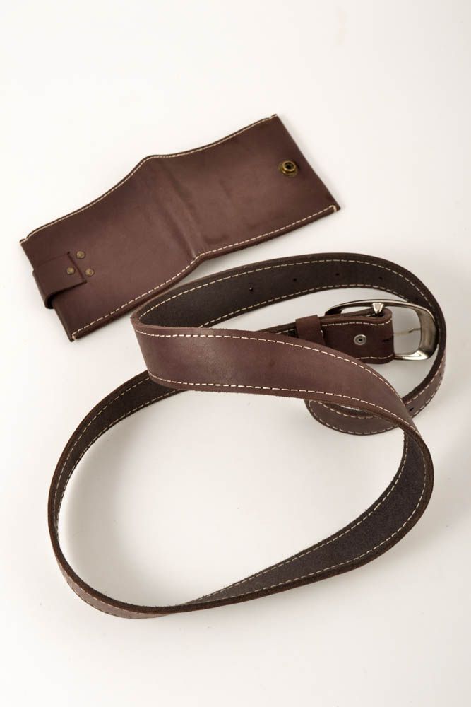 Кожаный кошелек ручной работы кожаные аксессуары 2 штуки ремень мужской темные фото 4