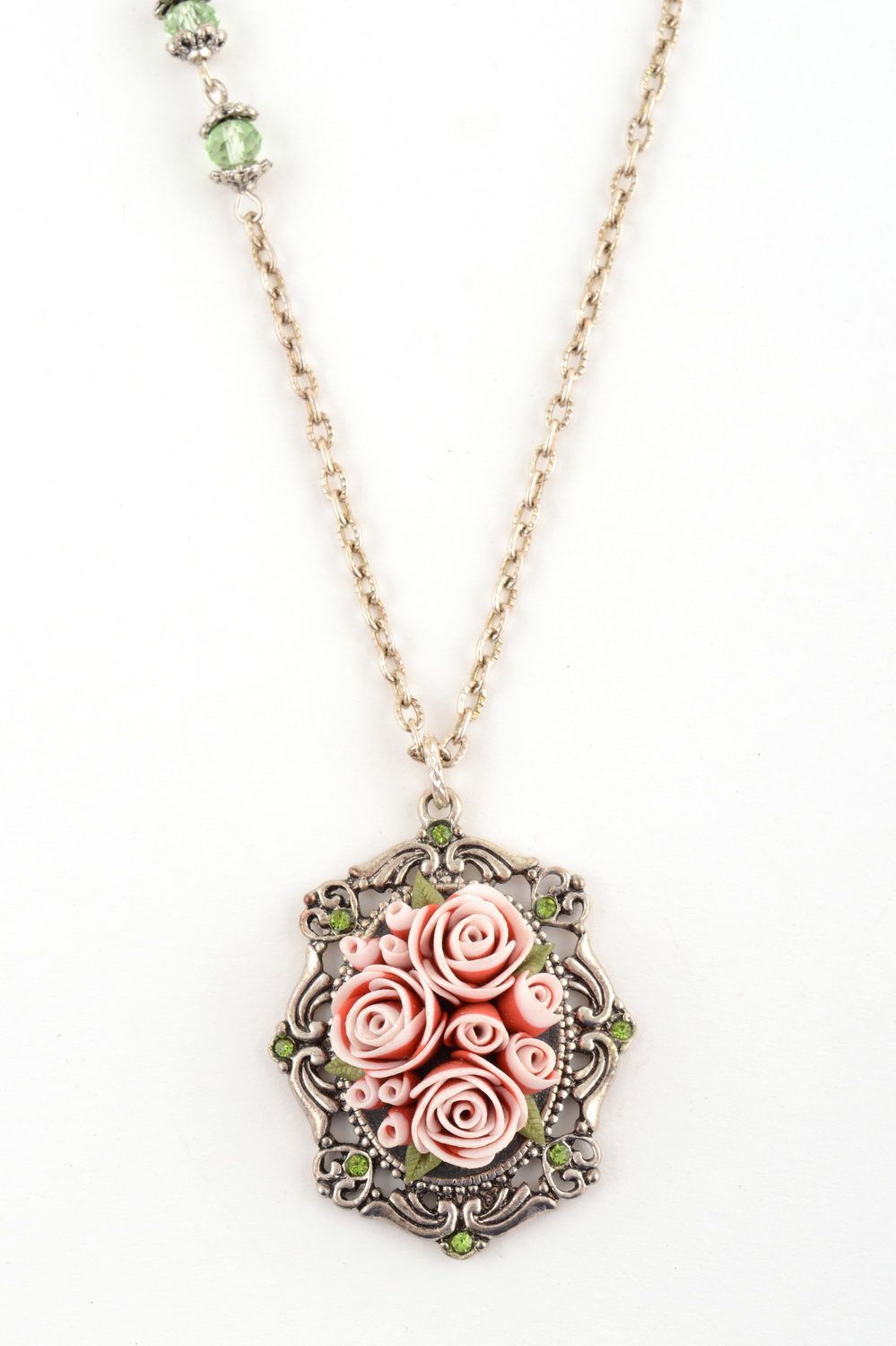 Handmade stylish pendant made of polymer clay on chain with volume roses photo 2