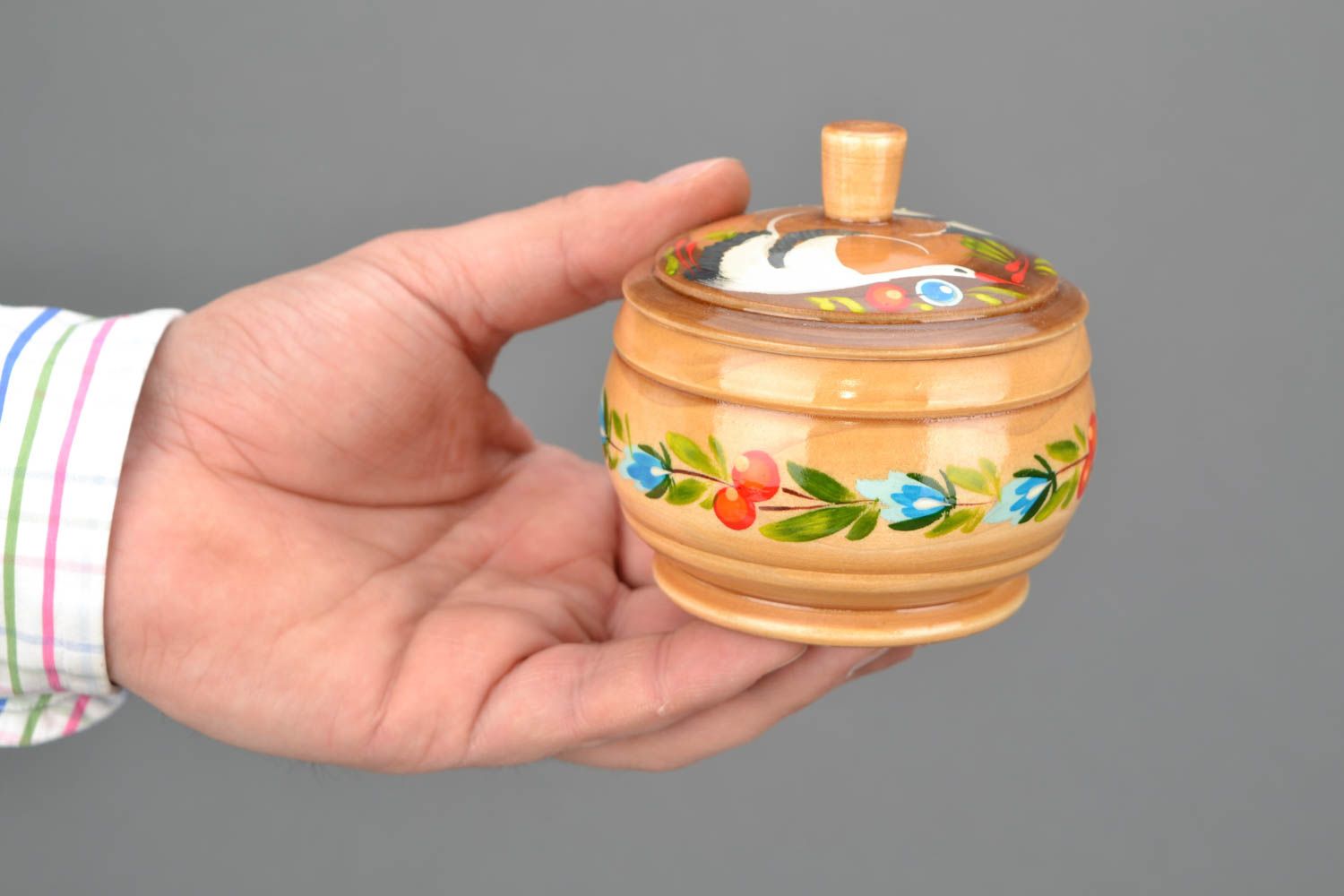 Handmade wooden salt pot with painting photo 2