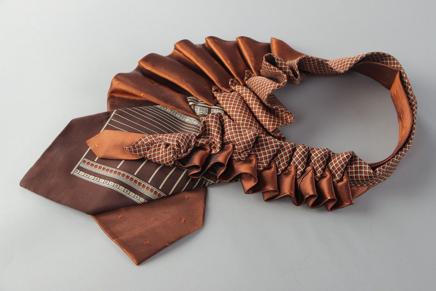 Handmade brown decorative detachable collar sewn of silk and satin neck ties  photo 2