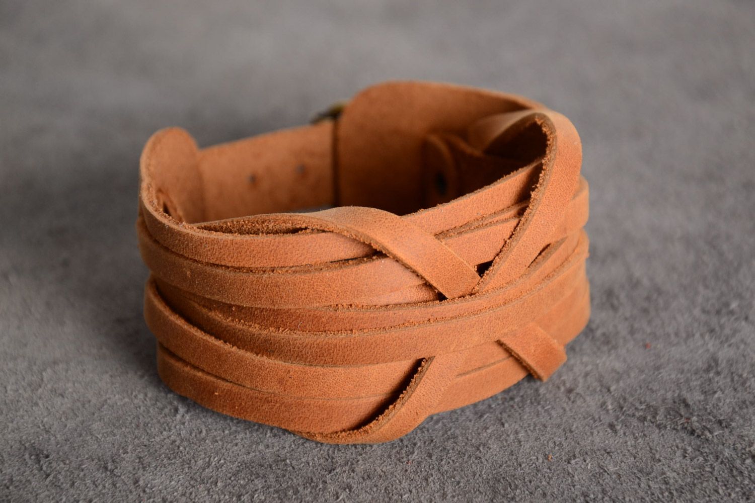 Handmade brown woven genuine leather wide bracelet  photo 1