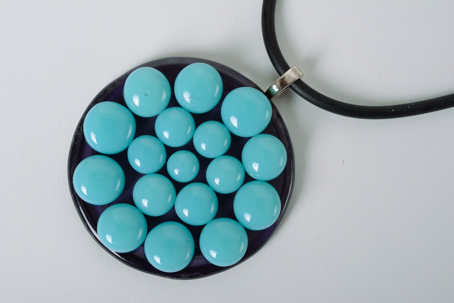 Round handmade glass pendant with rubber cord and turquoise beads photo 4