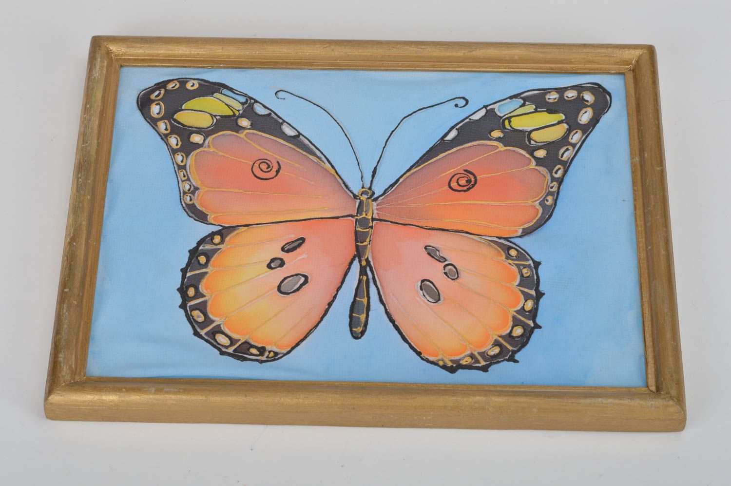 Tableau papillon orange sur tissu batik à froid cadre en bois fait main photo 5