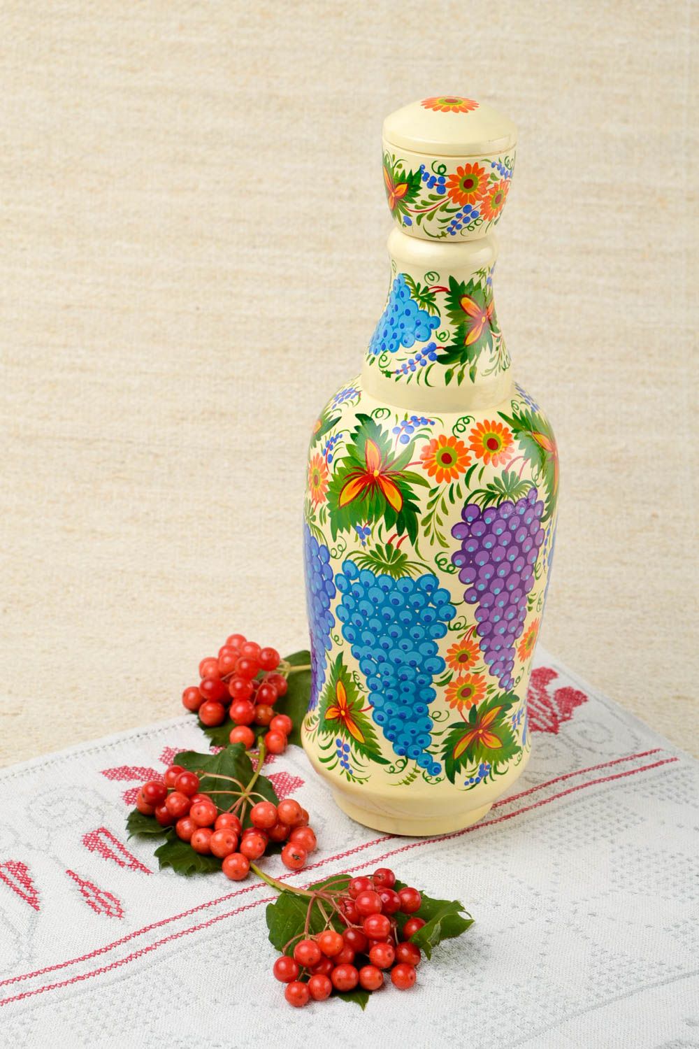 Dekorative Flasche handmade Geschirr aus Holz Haus Deko bunt bemalt schön foto 1
