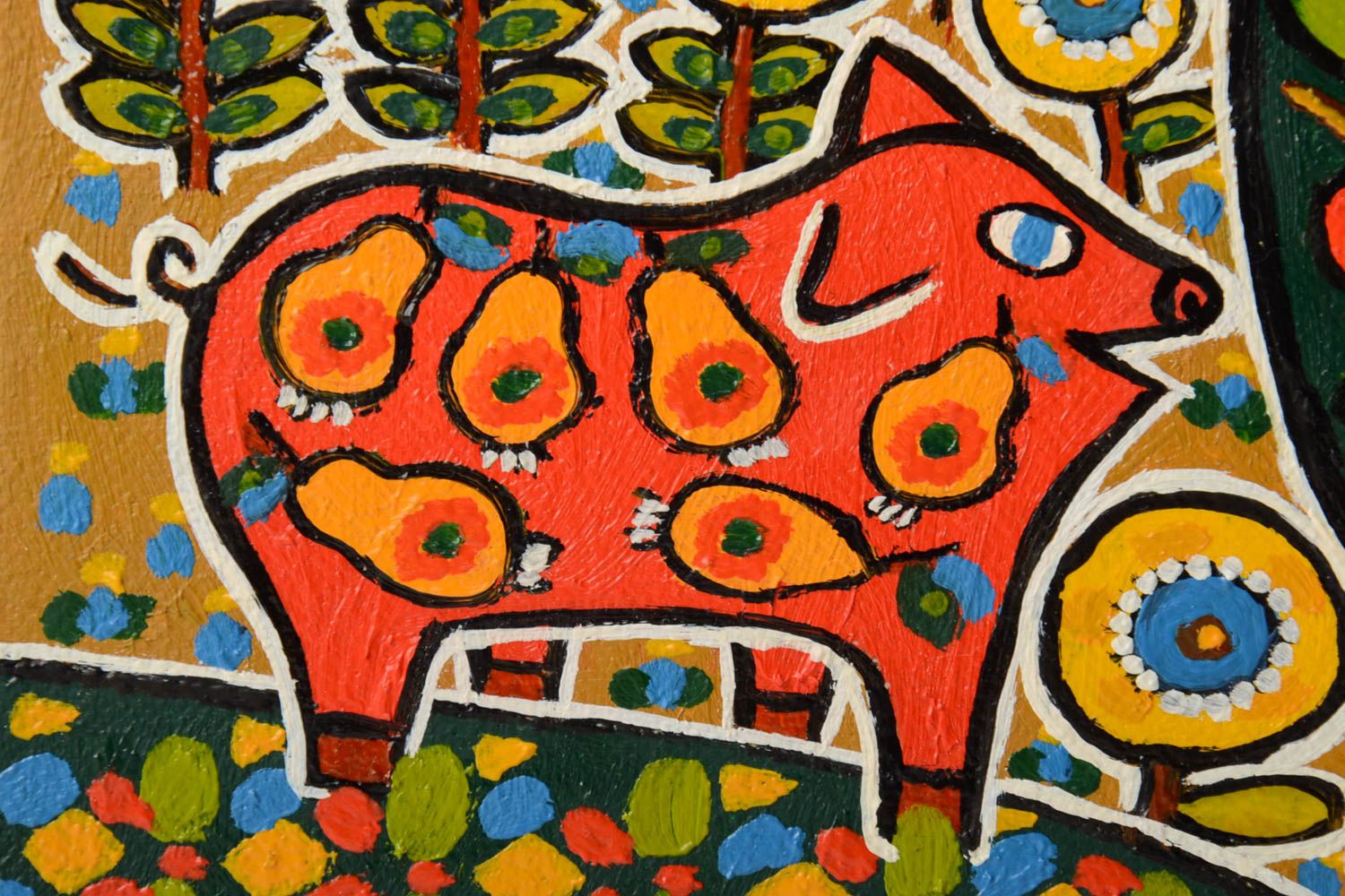 Cuadro pintado al óleo sobre lienzo artesanal étnico original Cerditos foto 3