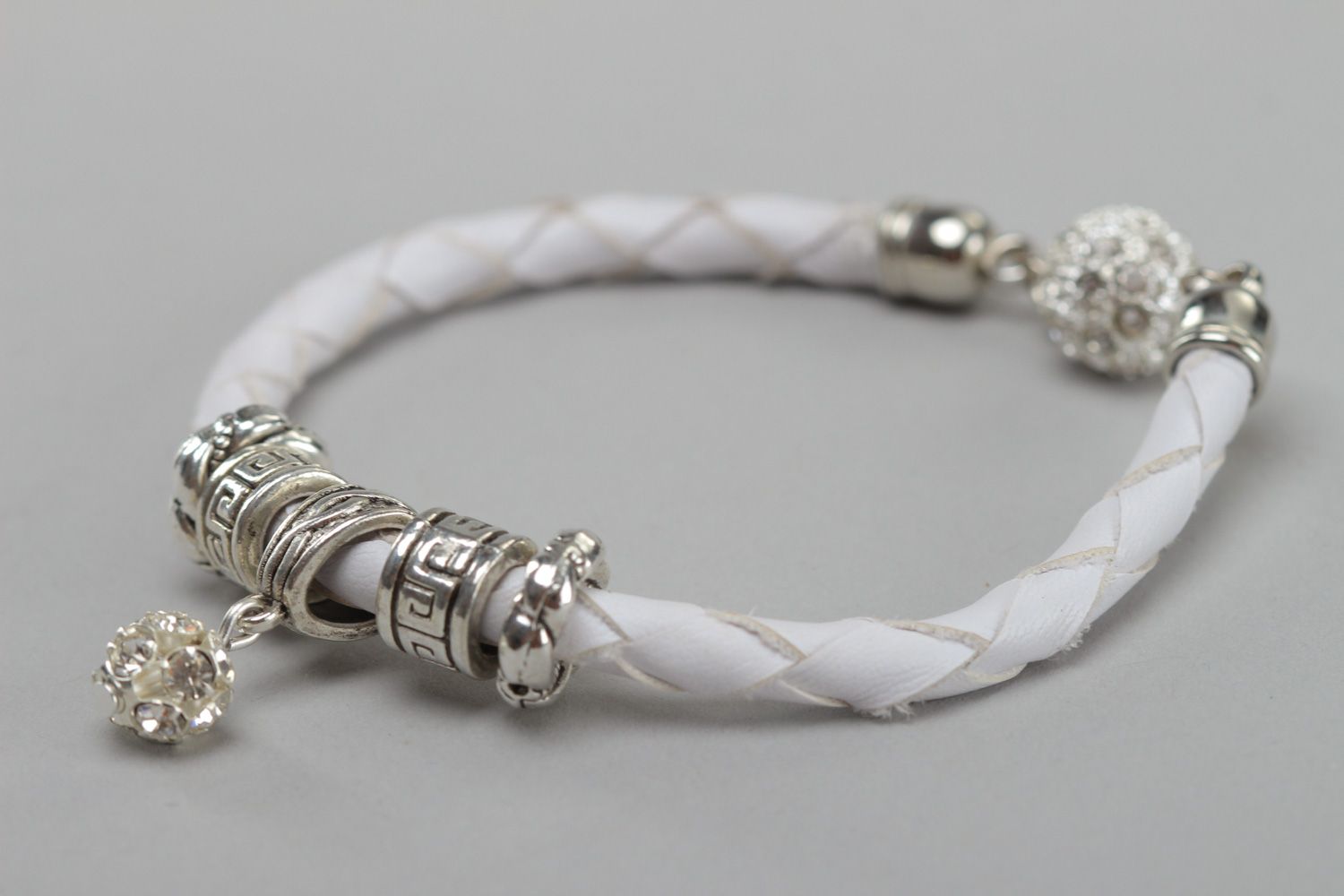 Festive handmade wrist bracelet woven of faux leather of white color for ladies photo 2
