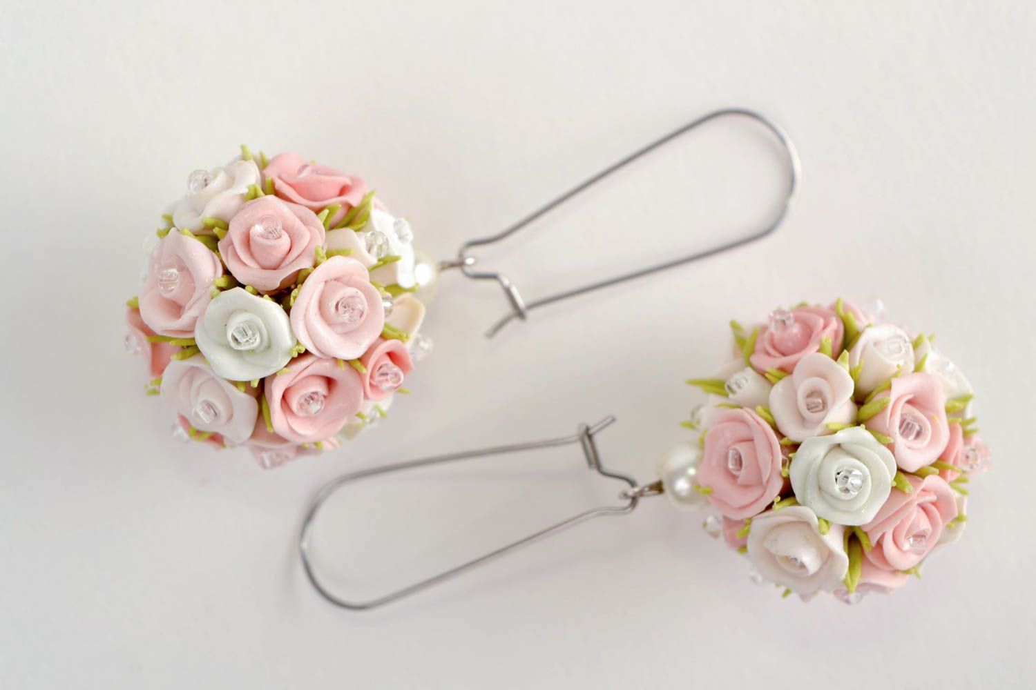 Beautiful tender fancy handmade long polymer clay lush roses bouquets earrings  photo 3