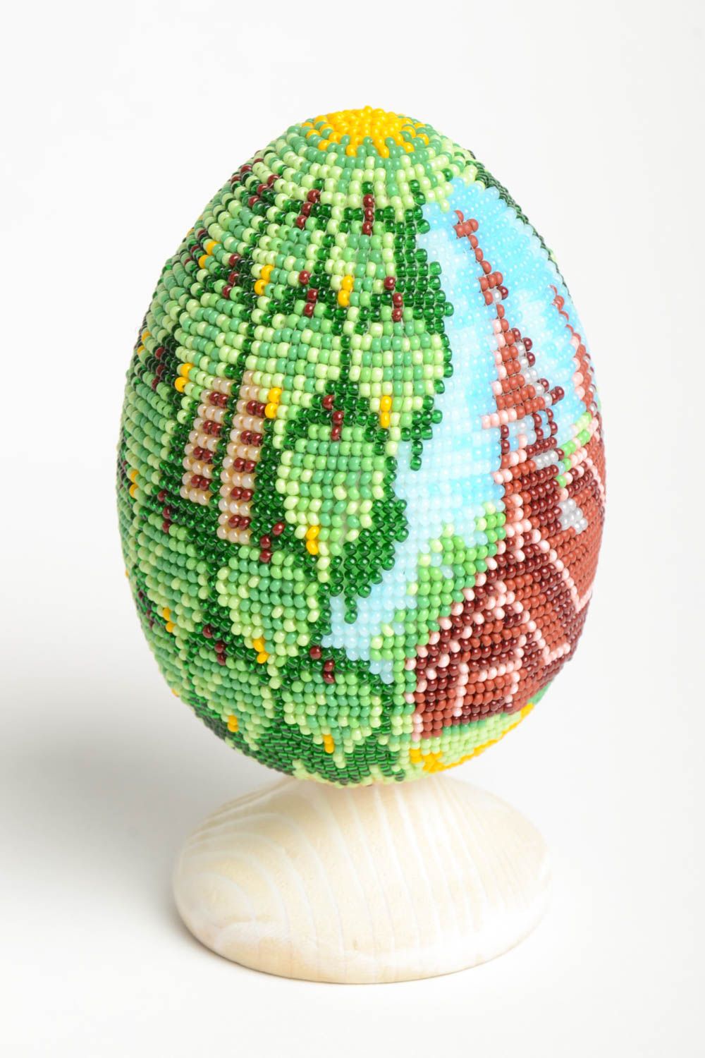 Статуэтка ручной работы яйцо из бисера деревянный сувенир пасхальное яйцо фото 2