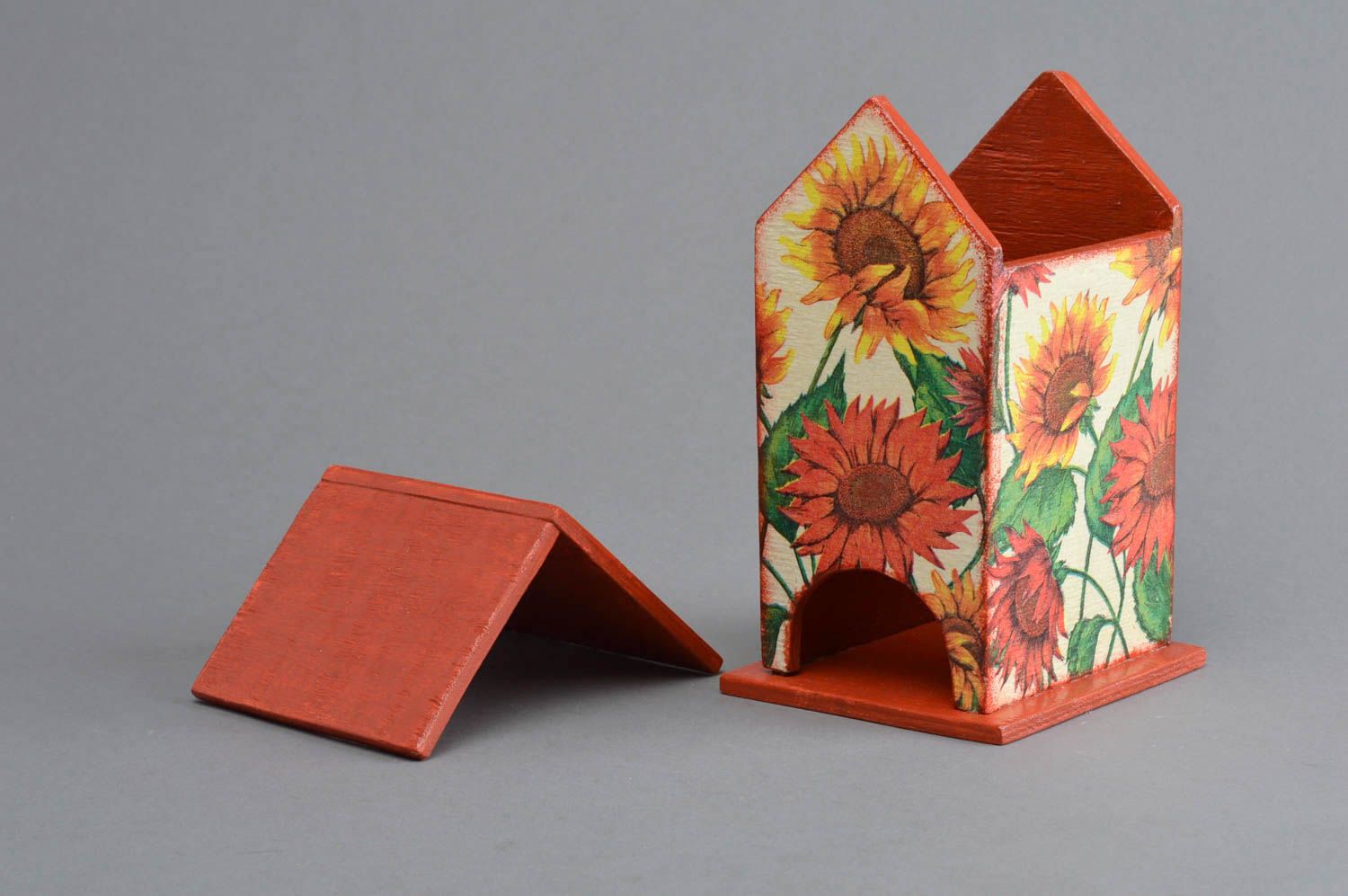 Colorful handmade decoupage house for tea bags with sunflowers photo 3