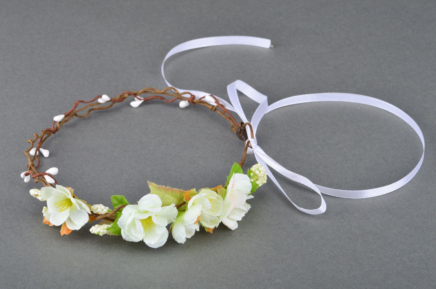 Tender homemade headband with artificial  white flowers Cherry Blossom photo 5