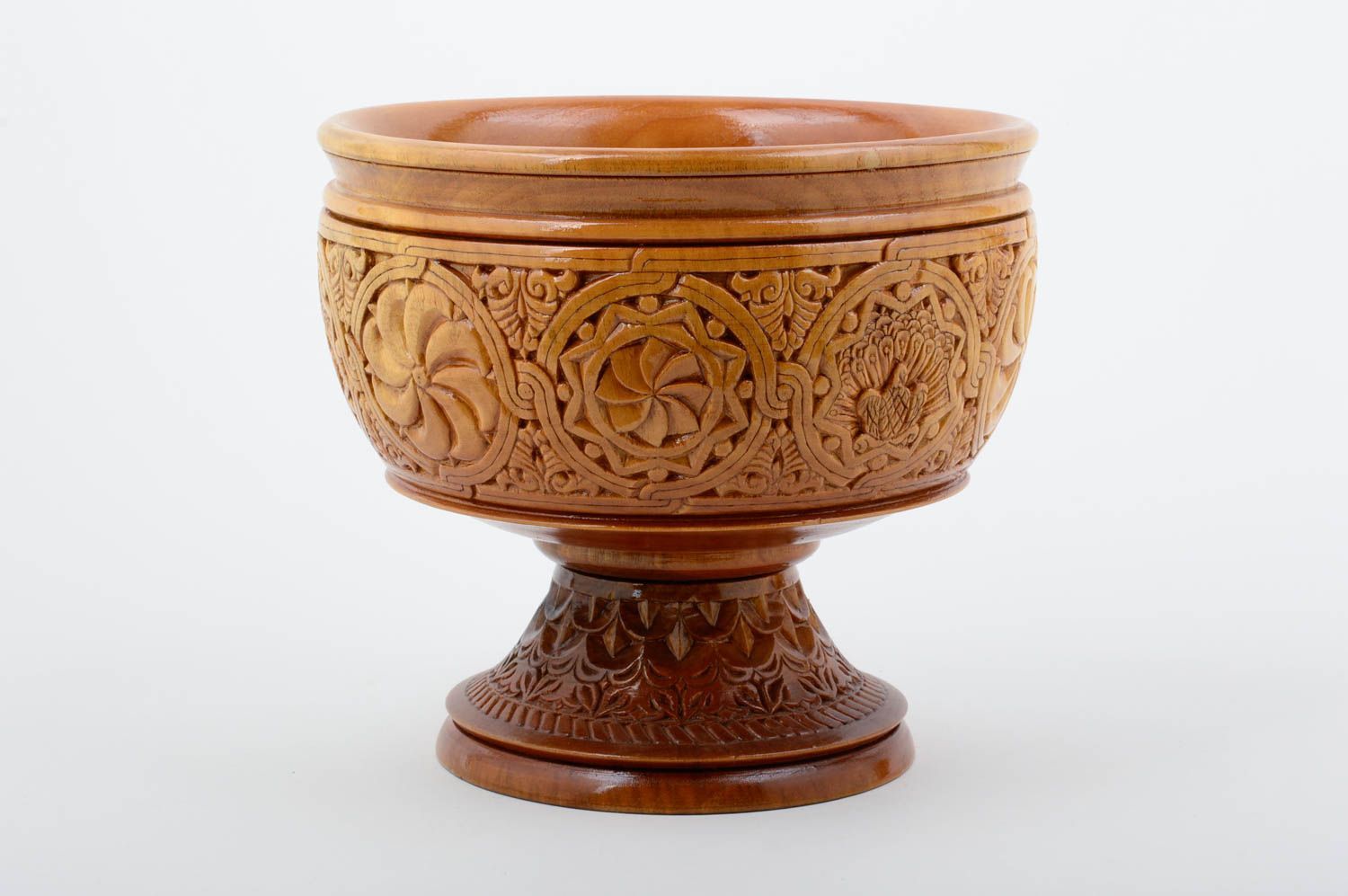 9 inches wide, 8 inches tall wooden handmade bowl vase with carvings 3,2 lb photo 1