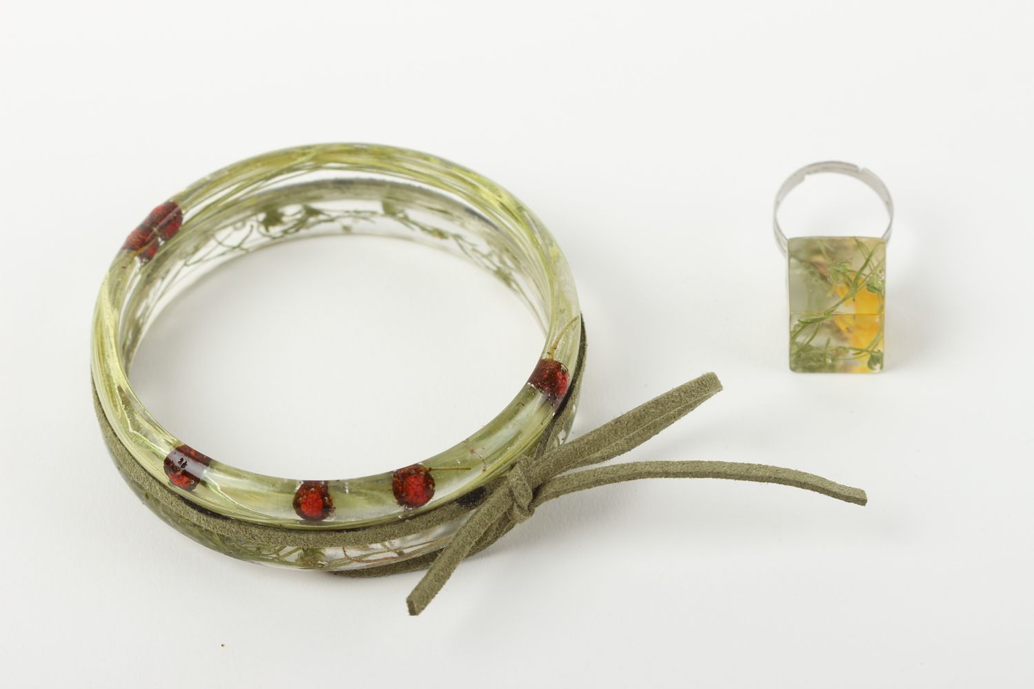 Handmade jewelry set seal ring wrist bracelet epoxy resin real flower jewelry photo 2
