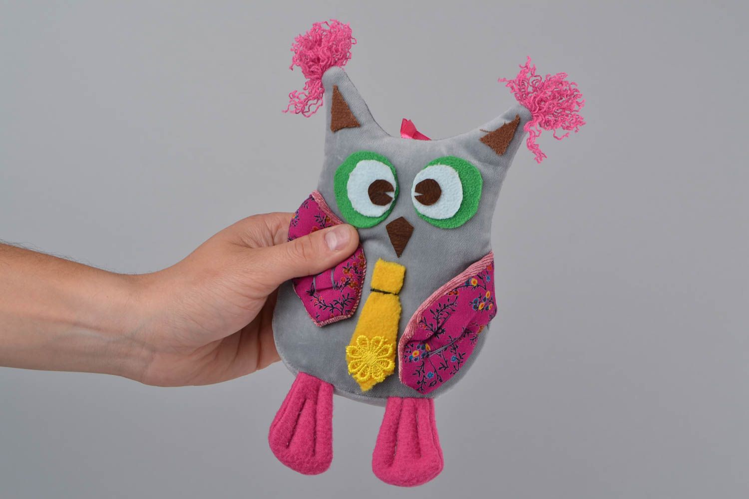 Handmade funny designer fleece soft toy with eyelet owl with yellow necktie photo 2