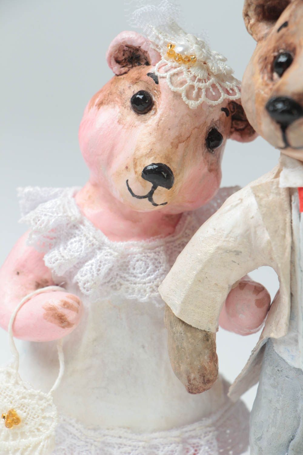 Handmade designer paper mache painted figurines of bear bride and groom photo 3