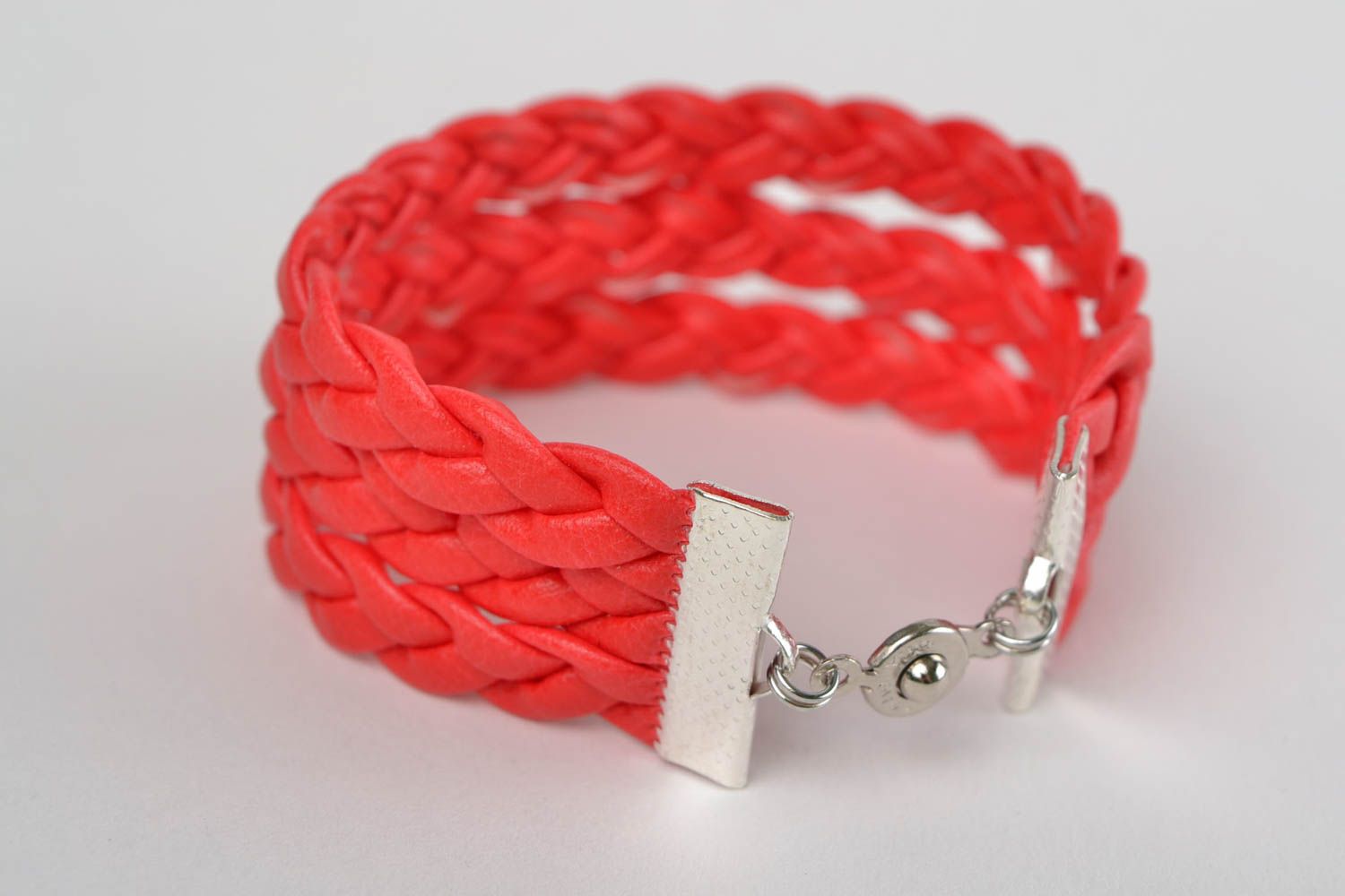Beautiful handmade wide braided faux leather wrist bracelet of red color photo 4