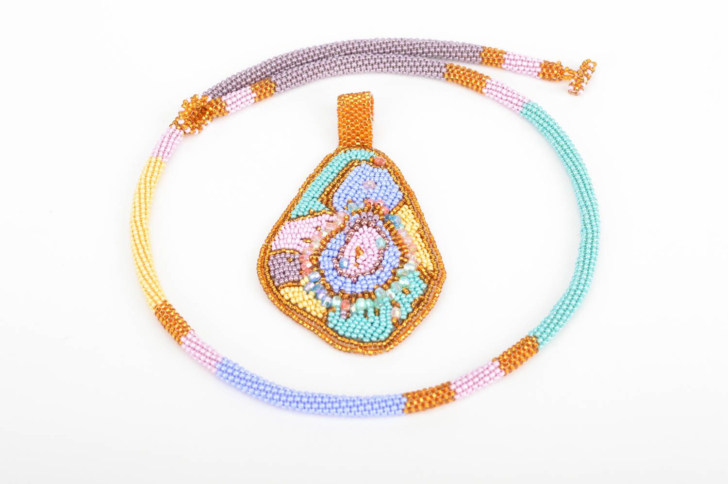 Beautiful bright handmade designer beaded cord necklace with pendant photo 2