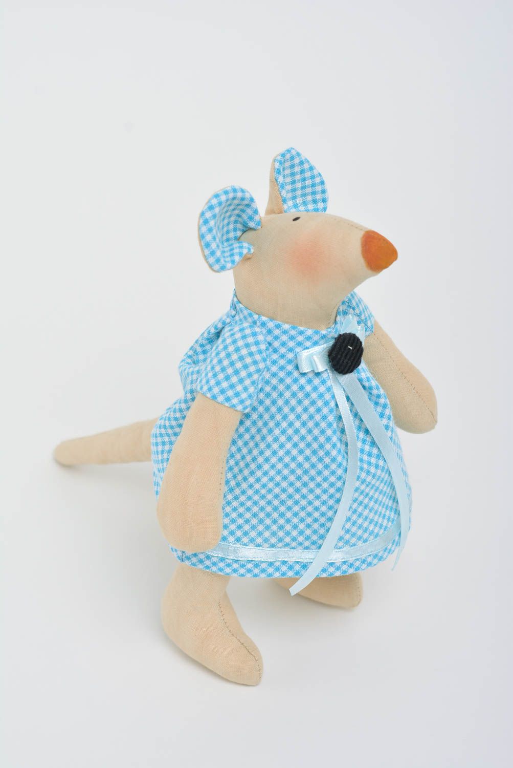 Soft toy mouse in blue dress beautiful handmade fabric toy for home decor photo 2