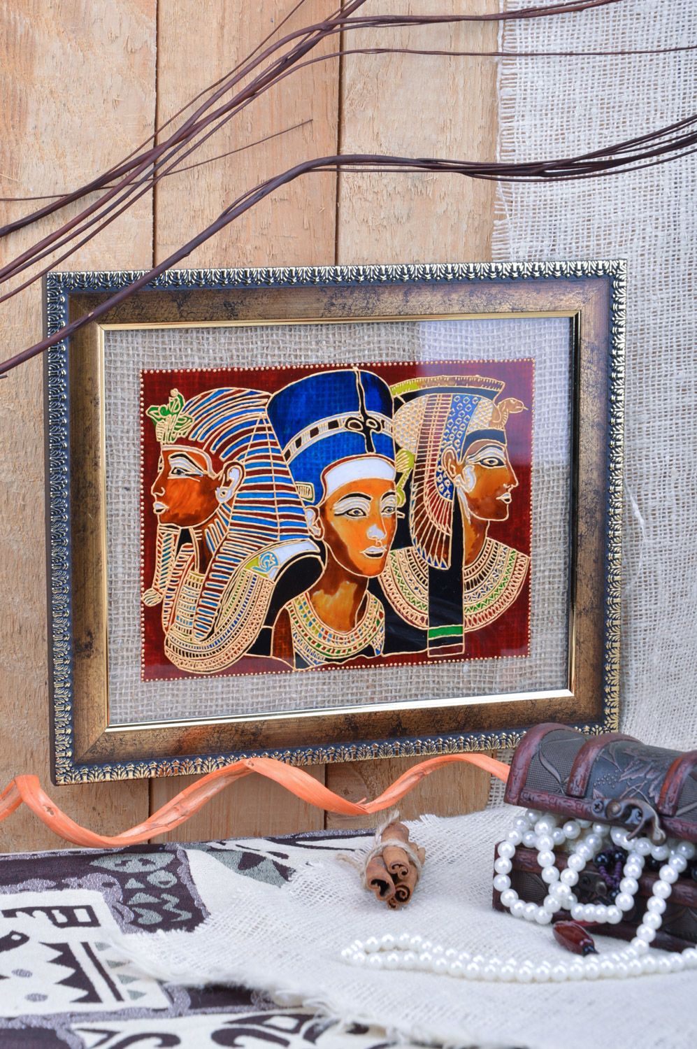 Beau tableau décoratif de verre peint fait main pharaons égyptiens encadré photo 1