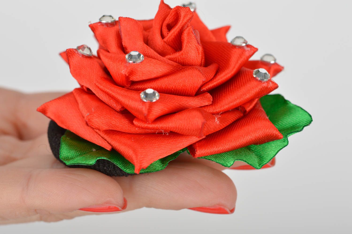Handmade designer hair tie with red ribbon rose flower with rhinestones photo 2