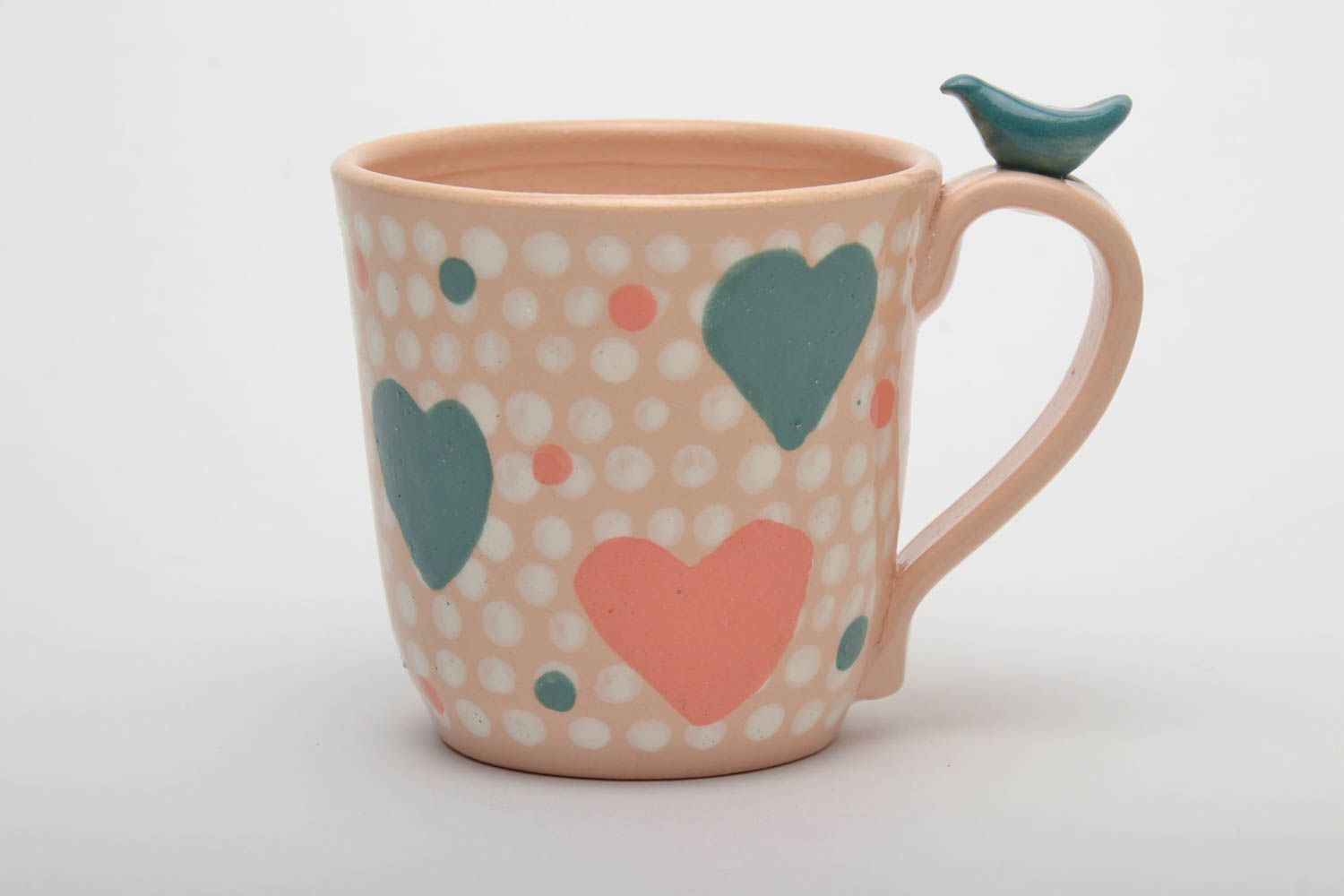 Peach color ceramic glazed teacup for a girl with a heart pattern photo 2