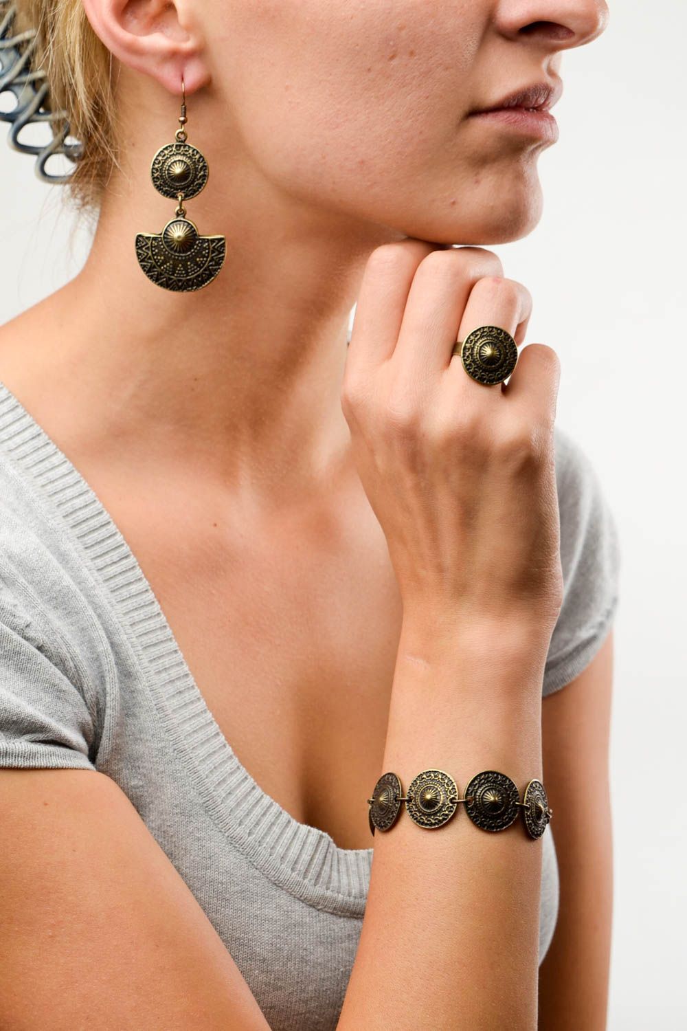 Metall Schmuck Armband handmade Ring am Finger Damen Ohrringe Set für Frauen foto 2