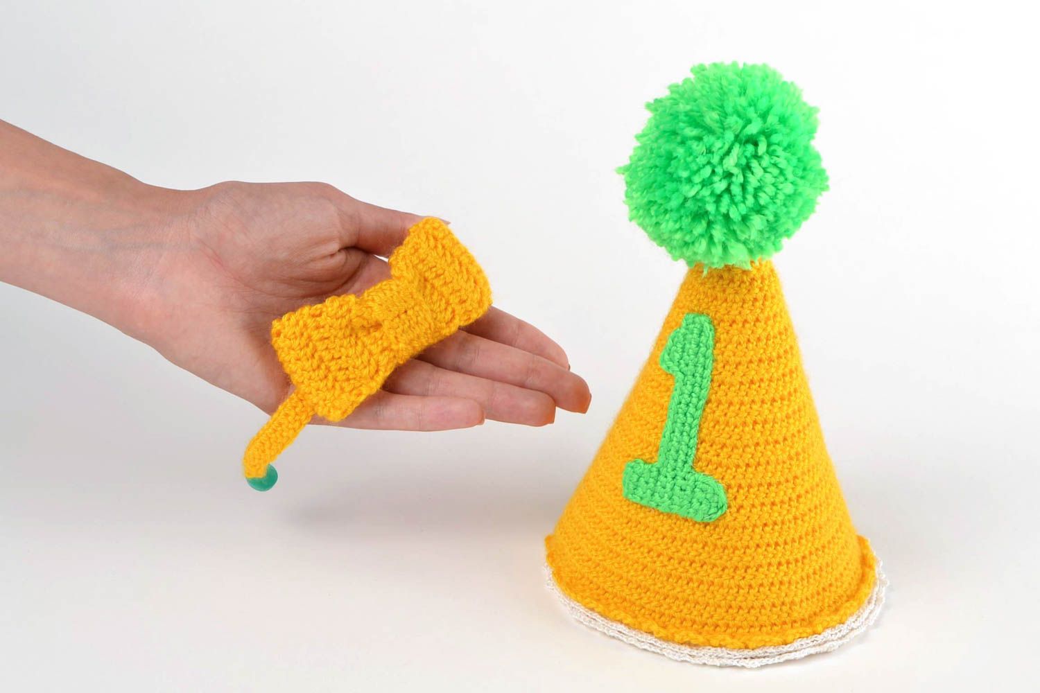Bonnet tricot fait main Noeud papillon Déguisement enfant jaune vert acrylique photo 2