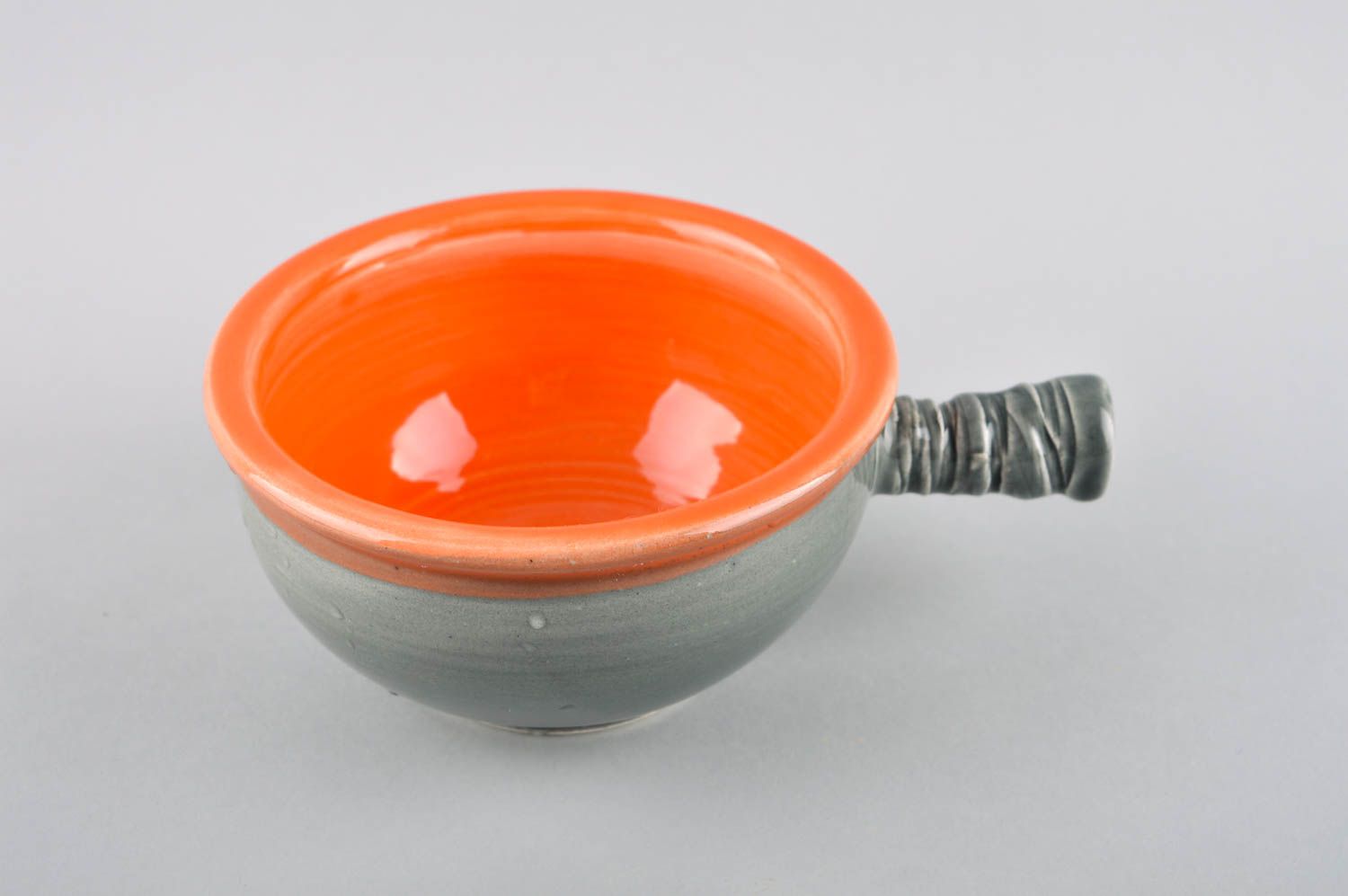 Миска для супа керамика ручной работы серая с оранжевым столовая посуда фото 2