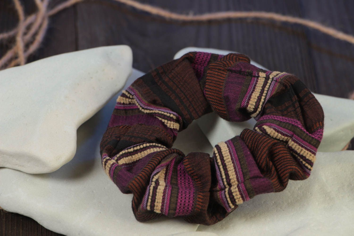 Handmade decorative elastic hair band sewn of dark striped brown fabric photo 1