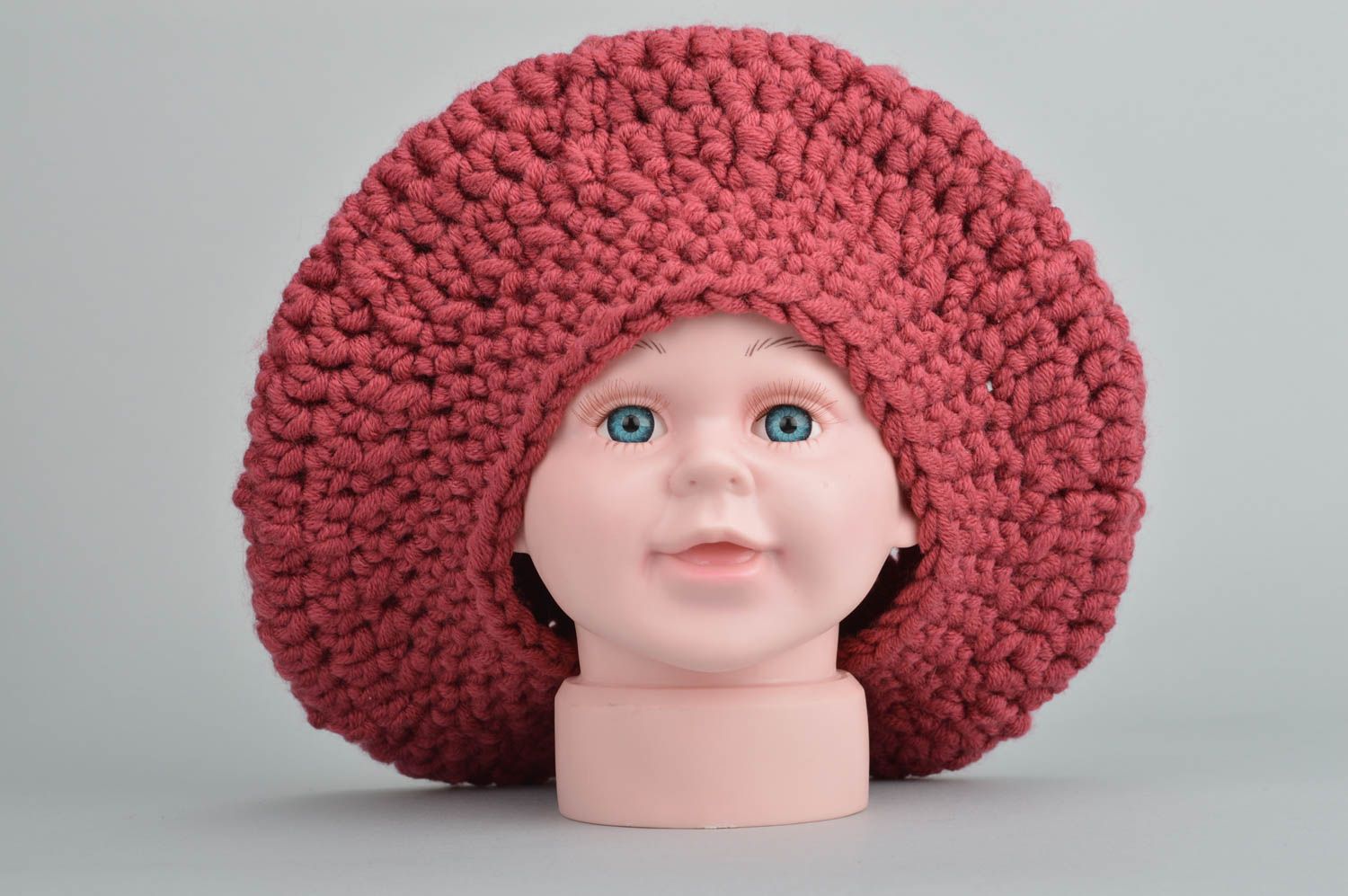 Crocheted handmade beautiful cherry color beret with pompom for children photo 3