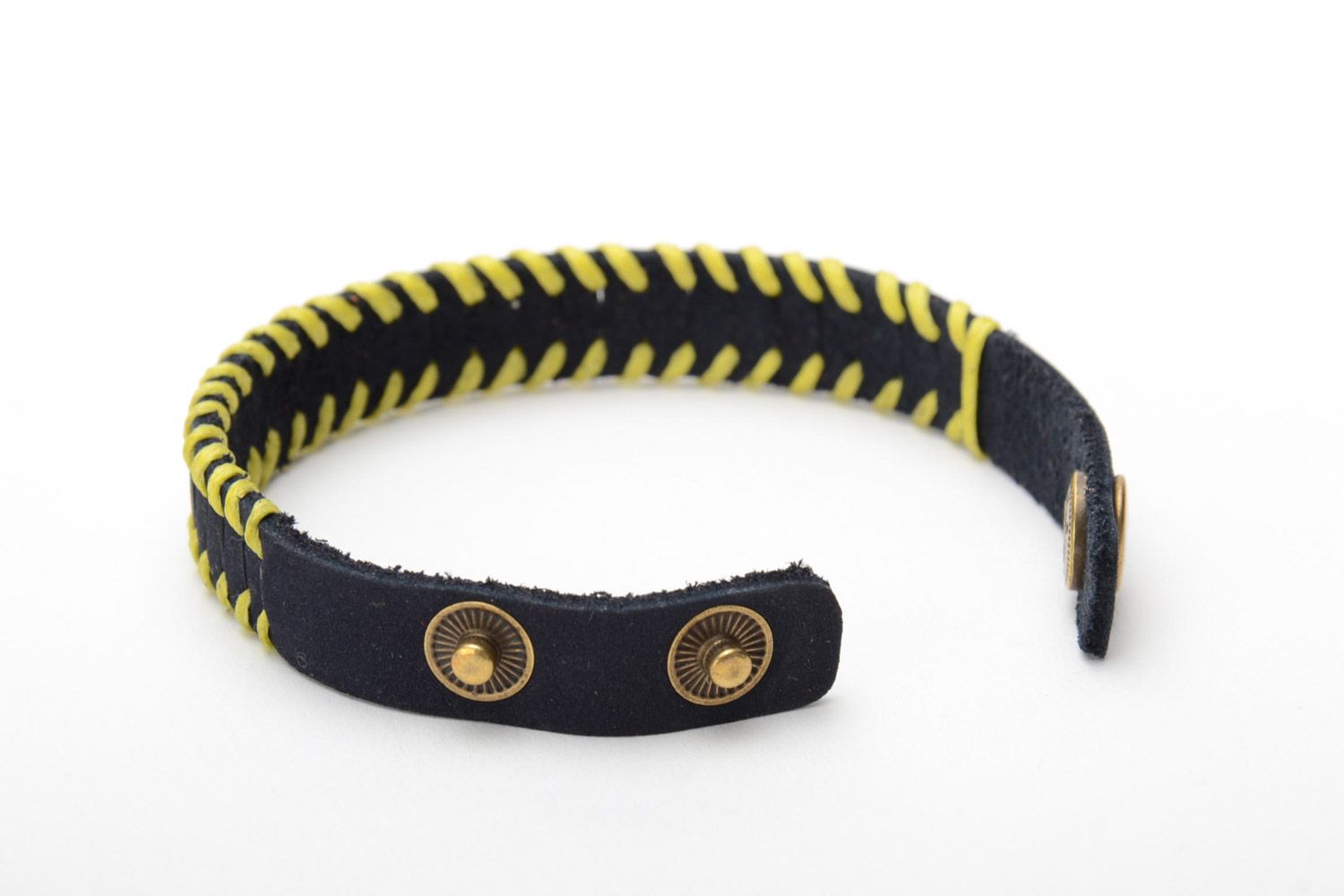 Handmade black genuine leather wrist bracelet with yellow cord and rivets photo 4