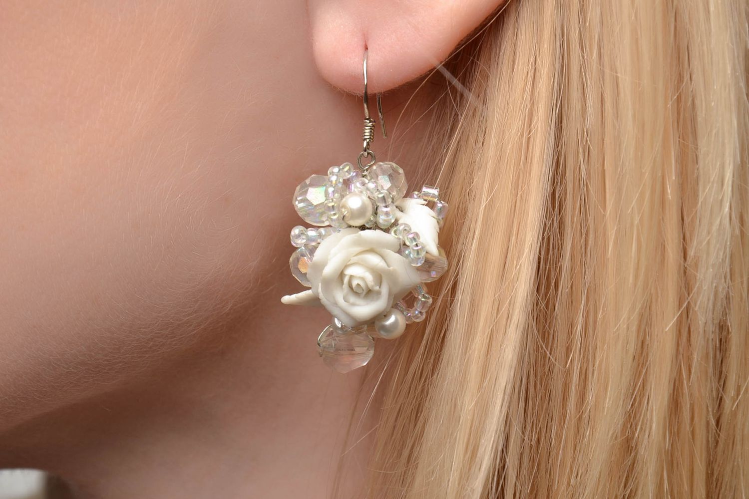 Polymer clay flower earrings with beads White Roses photo 5