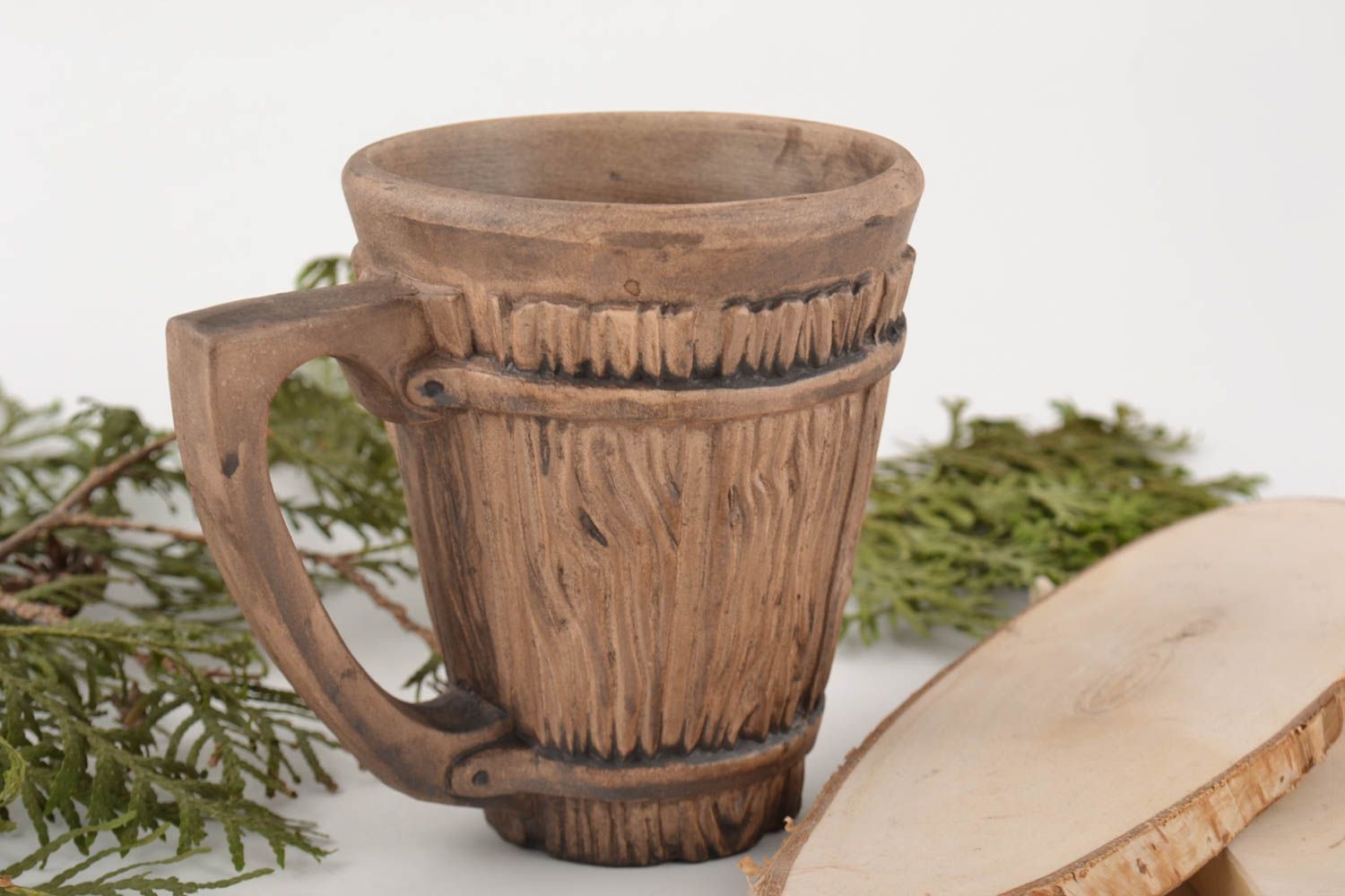 11 oz clay tea mug with handle in fake wood style 0,75 lb photo 1