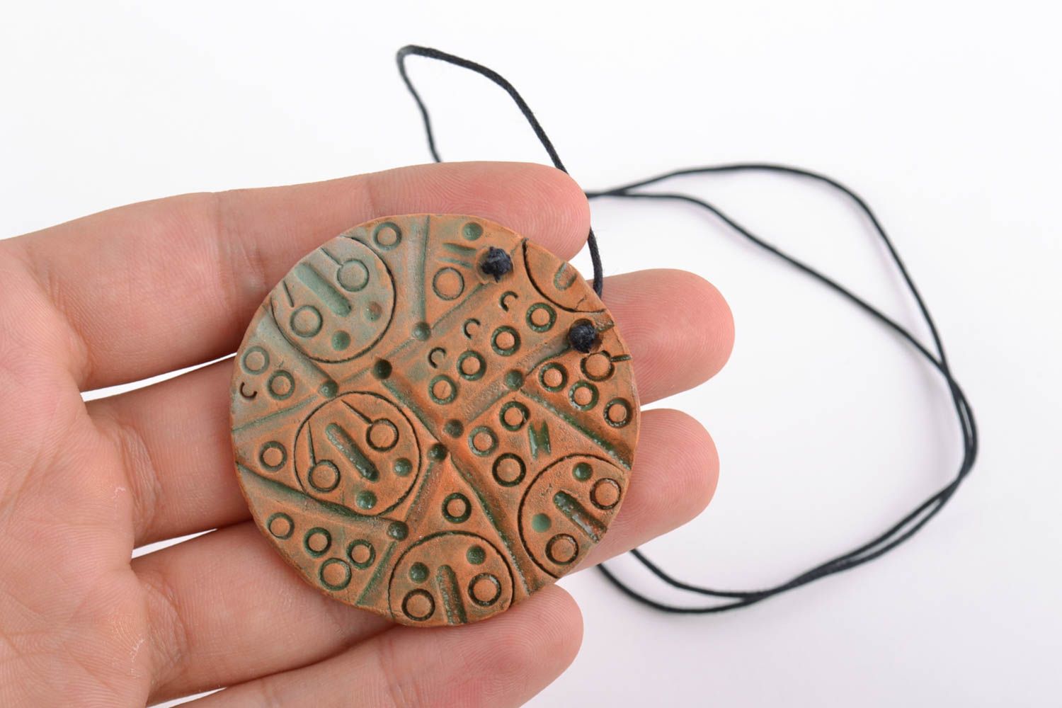 Clay pendant painted with acrylics large round handmade stylish accessory photo 2