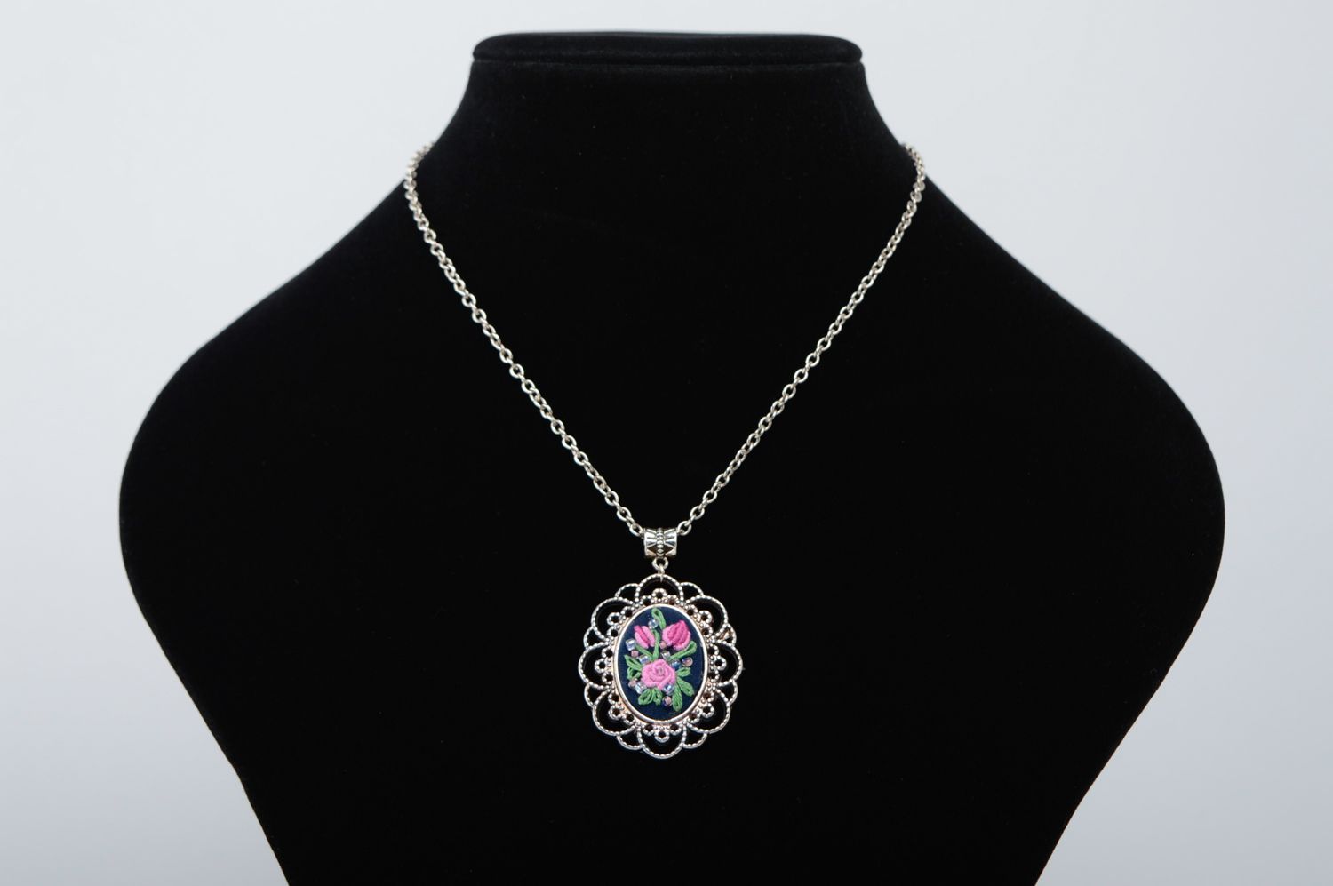 Gentle lacy embroidered pendant with chain photo 2