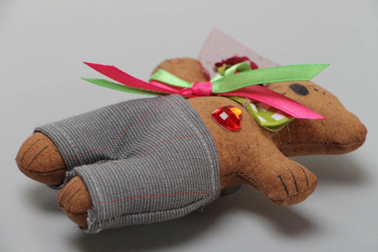 Handmade decorative soft toy fridge magnet made of fabric Bear with aroma photo 3