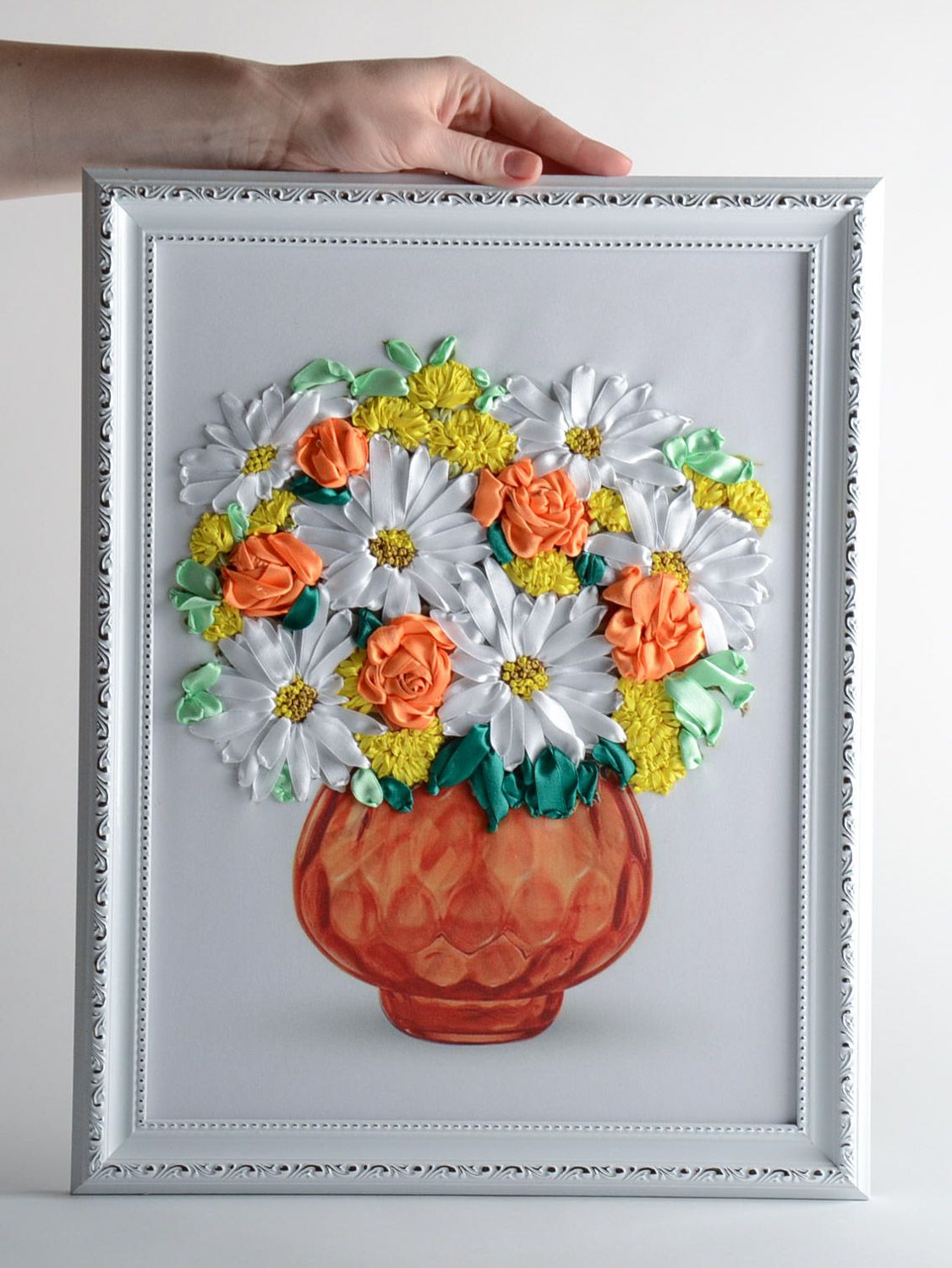 Unusual handmade satin ribbon embroidery wall hanging Vase with Camomiles photo 5