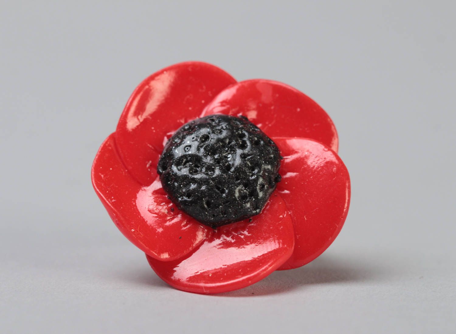 Handmade designer jewelry ring on metal basis with polymer clay red poppy flower photo 2