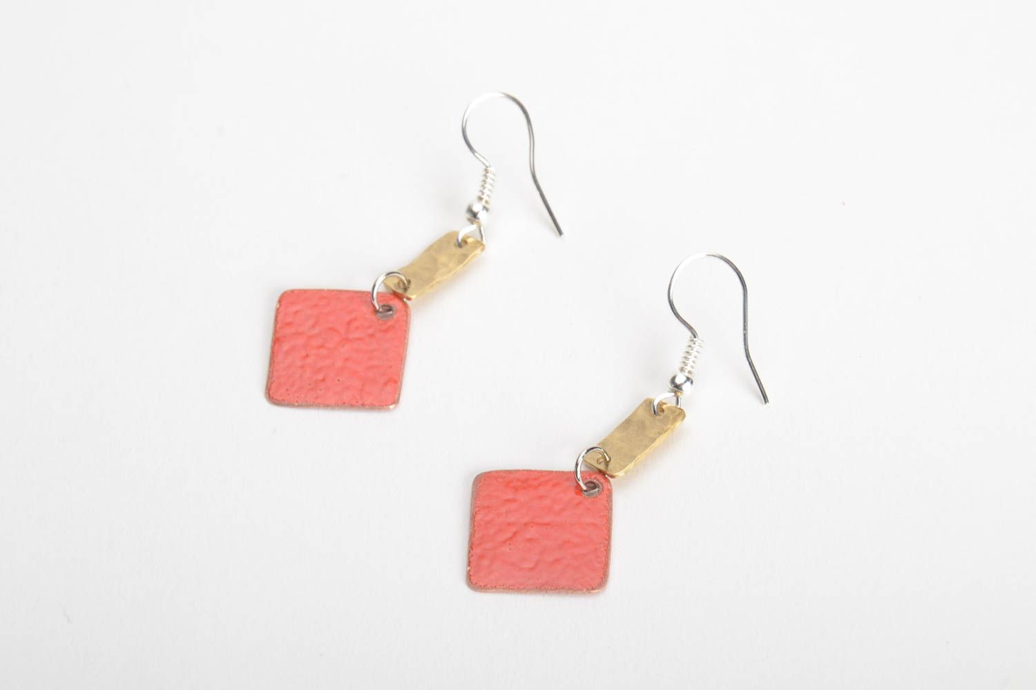 Handmade copper red earrings with charms decorated with hot enamel painting photo 2