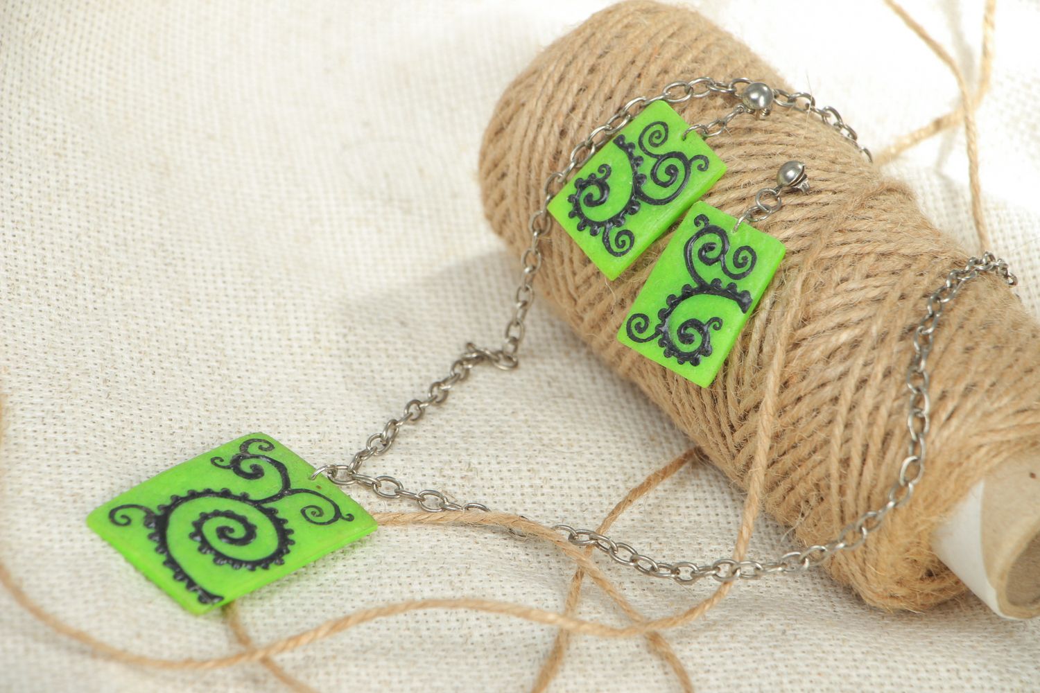 Handmade polymer clay jewelry set of green color photo 5