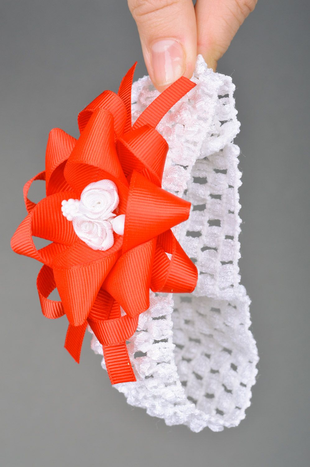 Beautiful handmade white lace headband with red flower with beads for babies photo 2