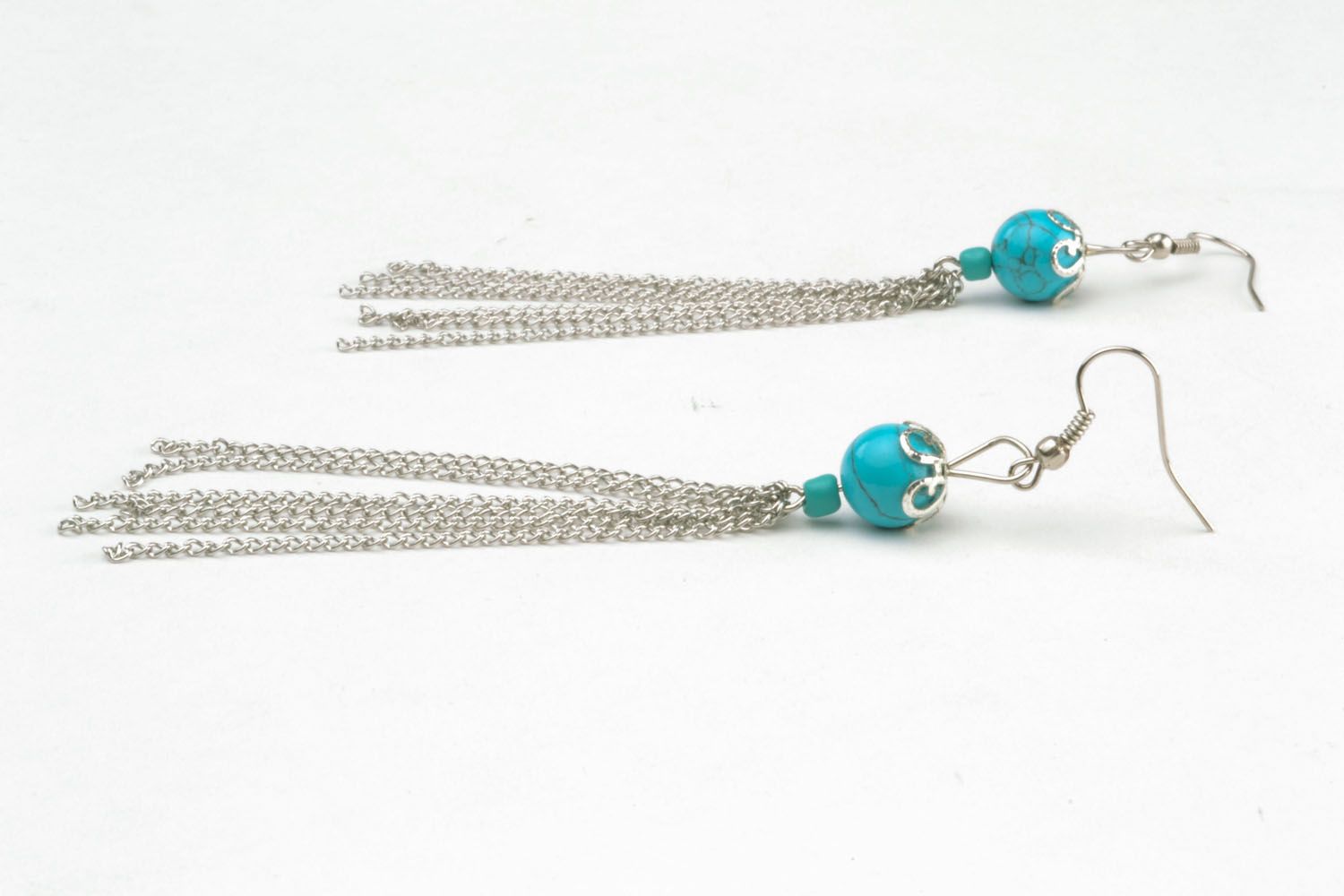 Long earrings with turquoise color beads photo 2