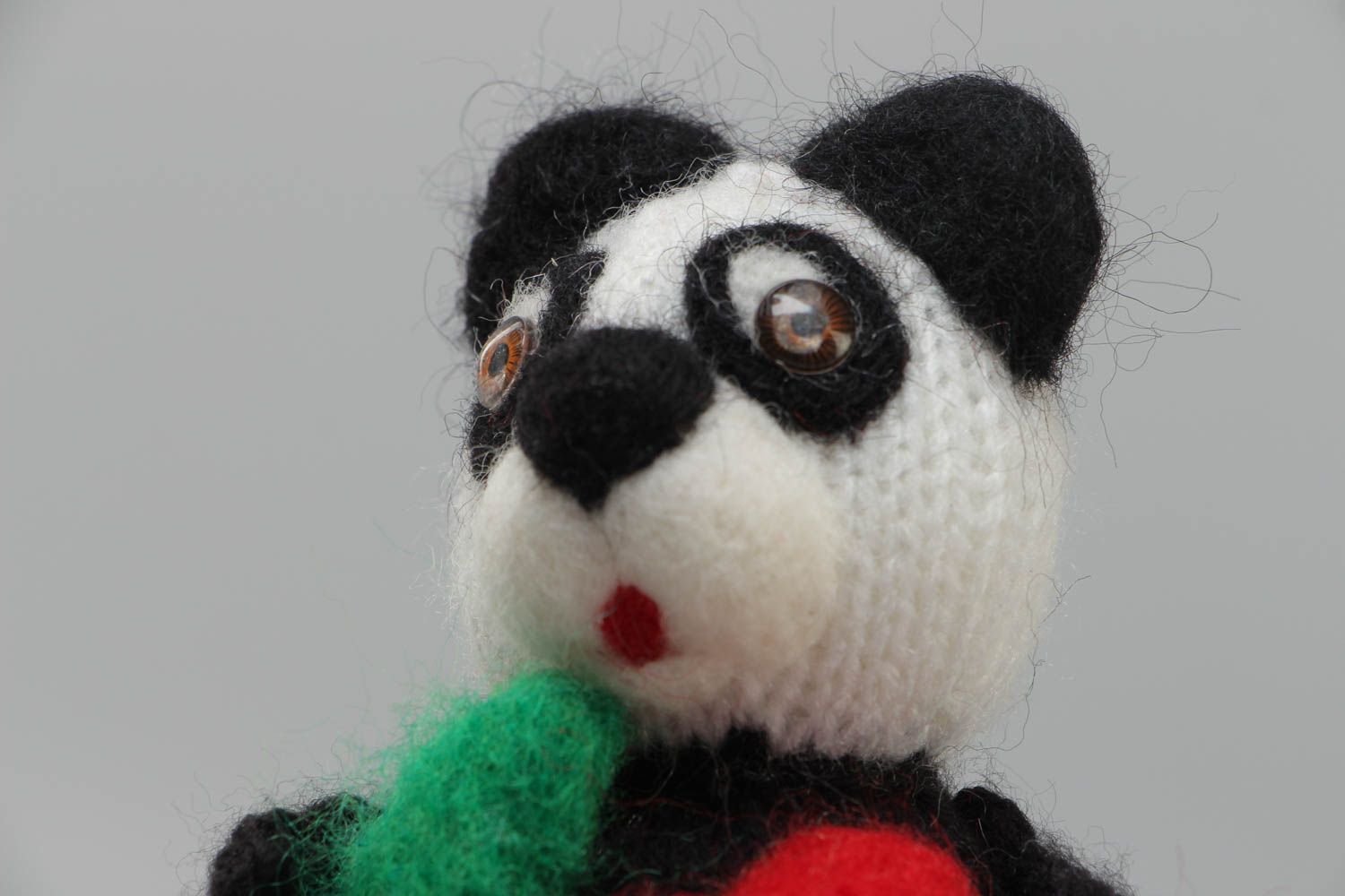 Handmade soft toy crocheted of acrylic  threads in the shape of funny panda bear photo 3