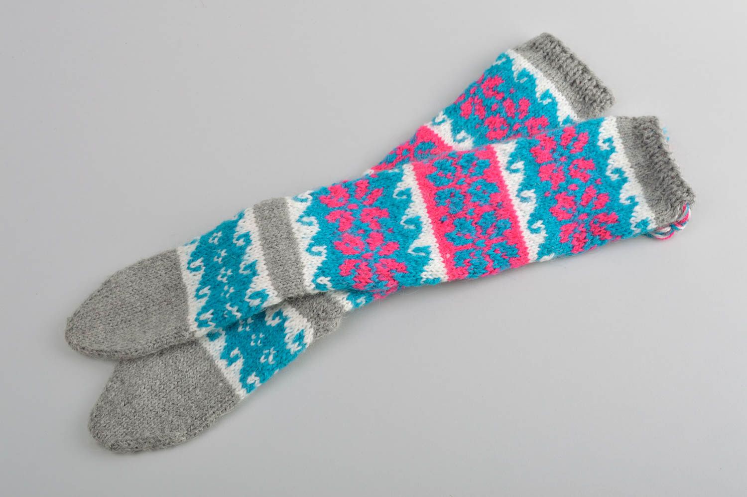 Носки ручной работы шерстяные носки серые с узором зимние аксессуары теплые фото 4