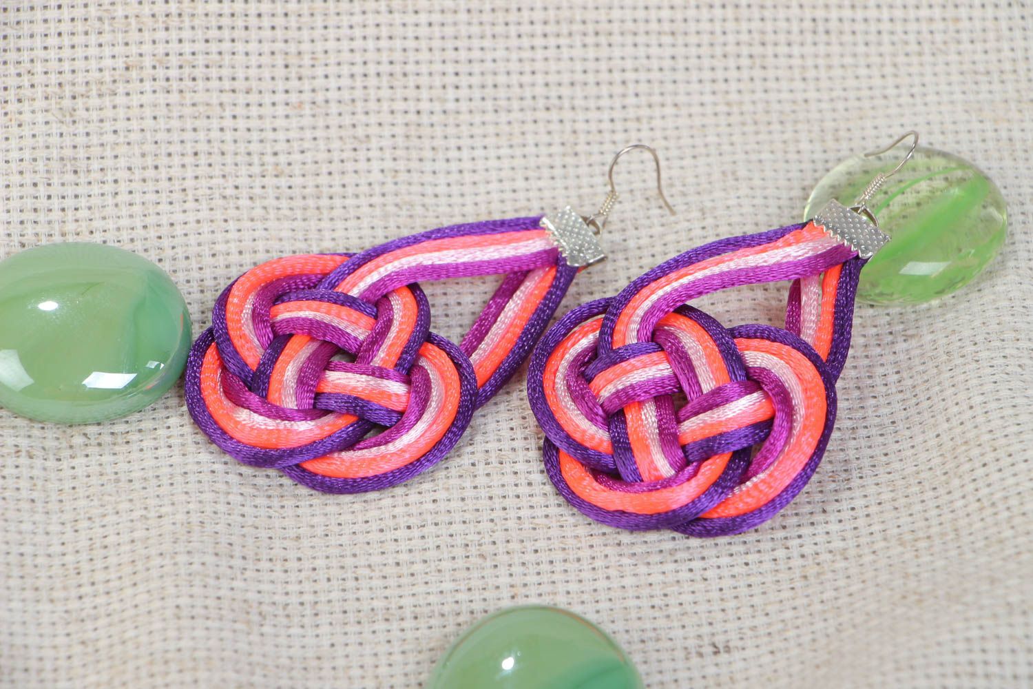 Handmade woven textile earrings made of cord for bright girls beautiful jewelry photo 1