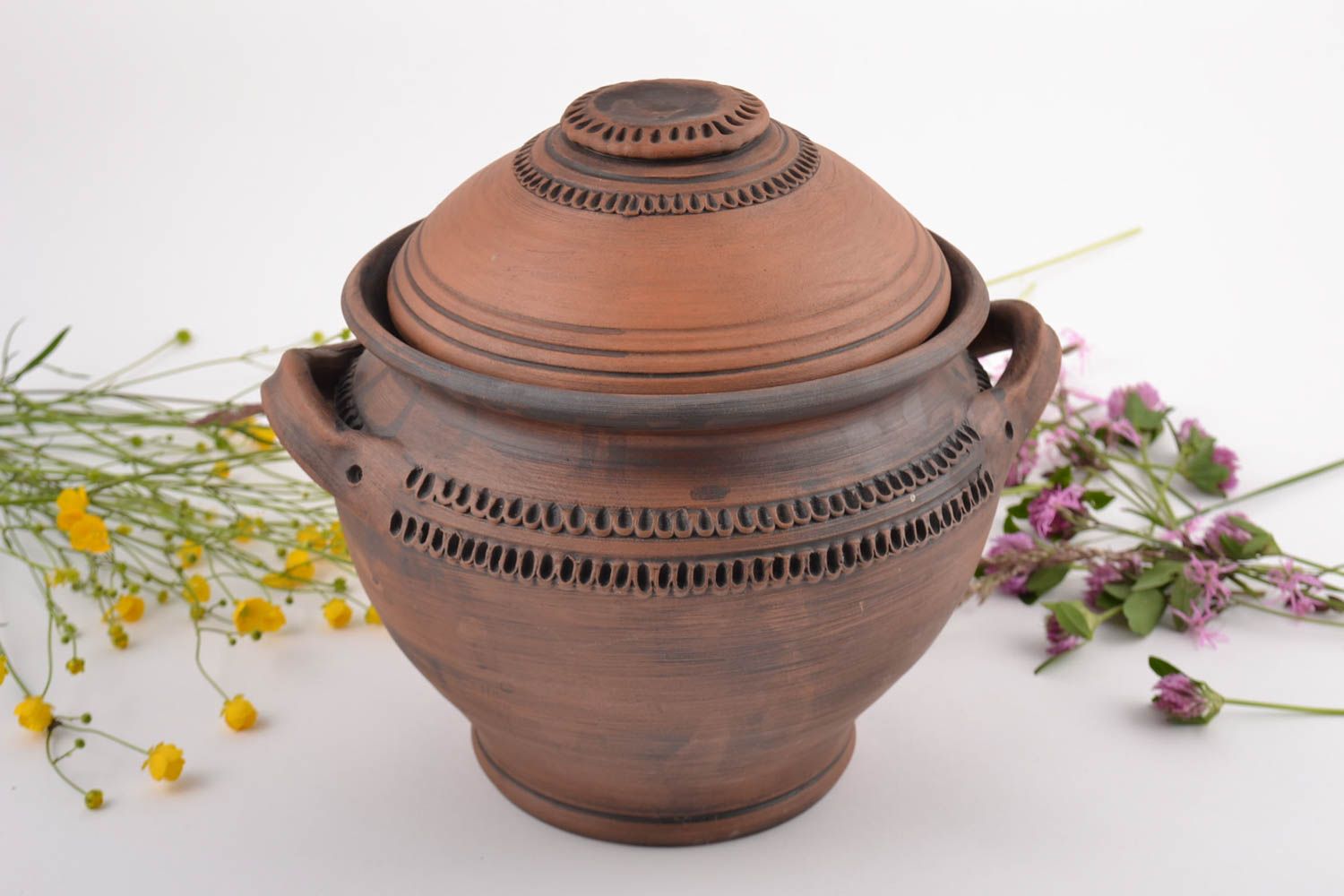 Handmade large brown ornamented ceramic pot with lid and handles for 3.5 l photo 1