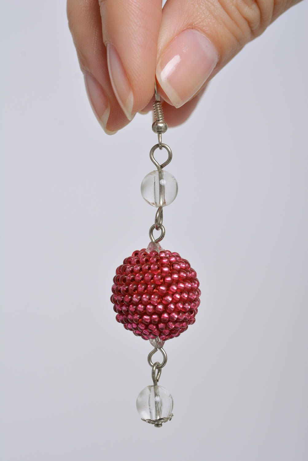 Unusual beautiful handmade designer beaded ball earrings of red color photo 4