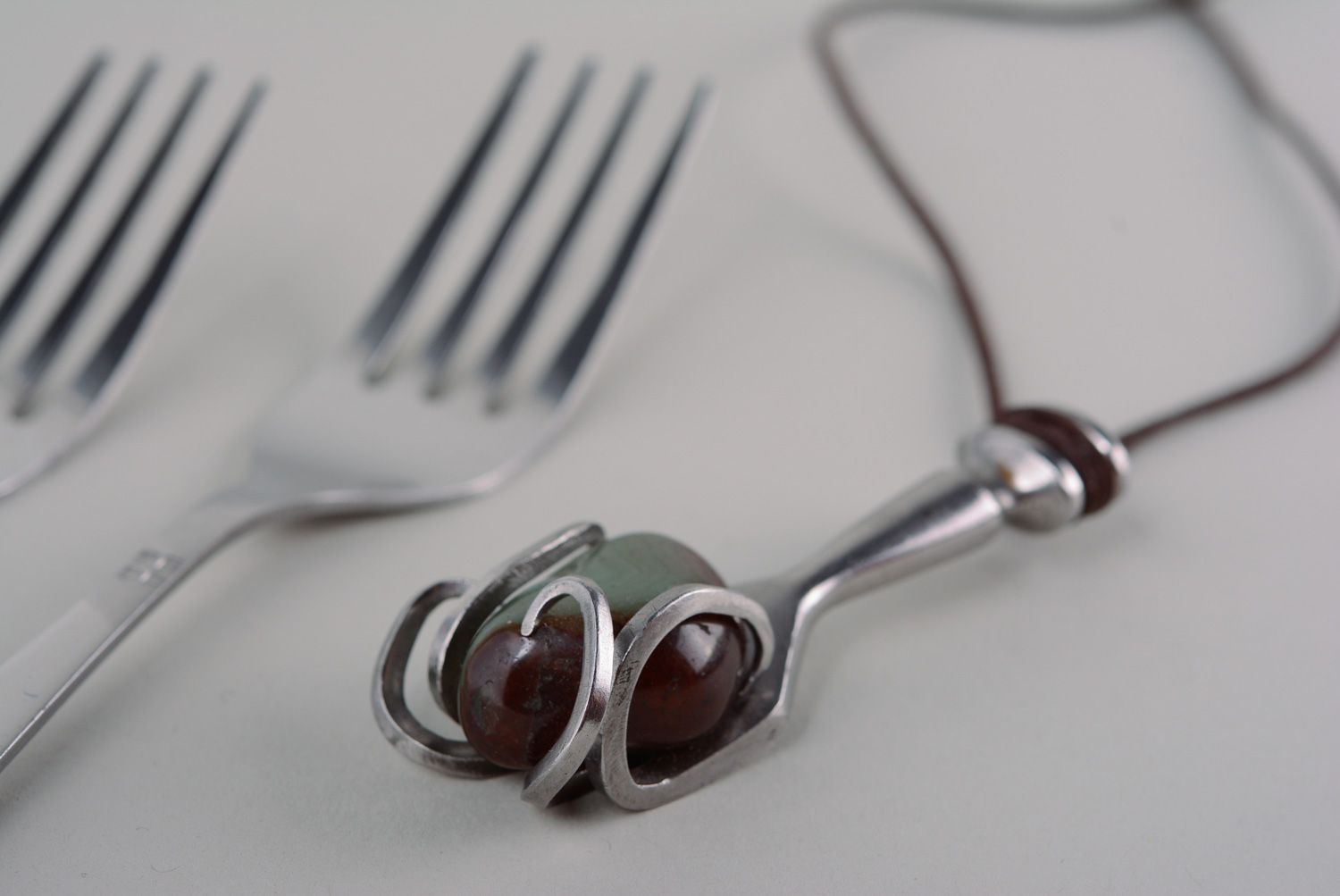 Handmade neck pendant made of cupronickel fork photo 1