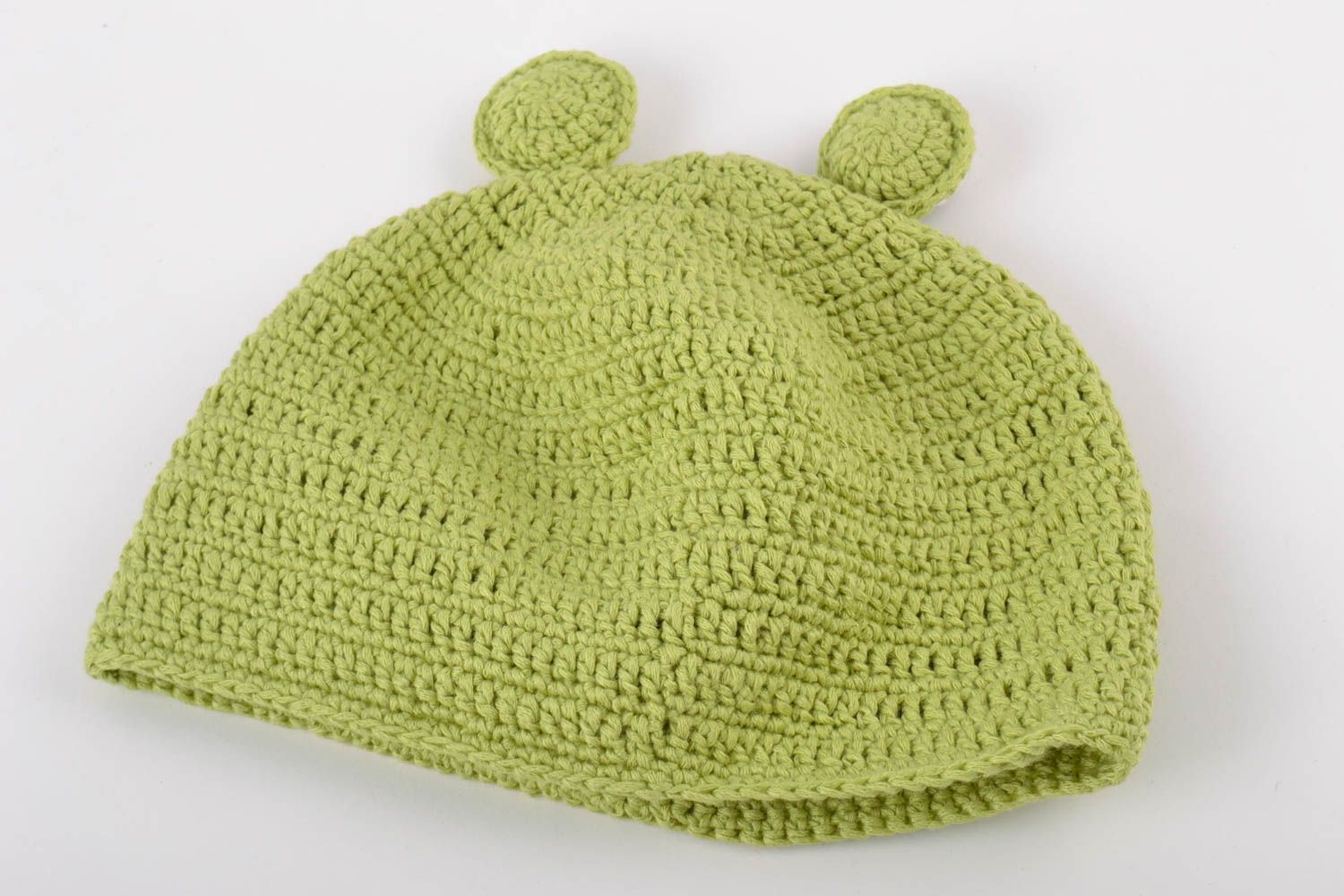Handmade crocheted hat made of cotton threads in the form of green frog for boys photo 5